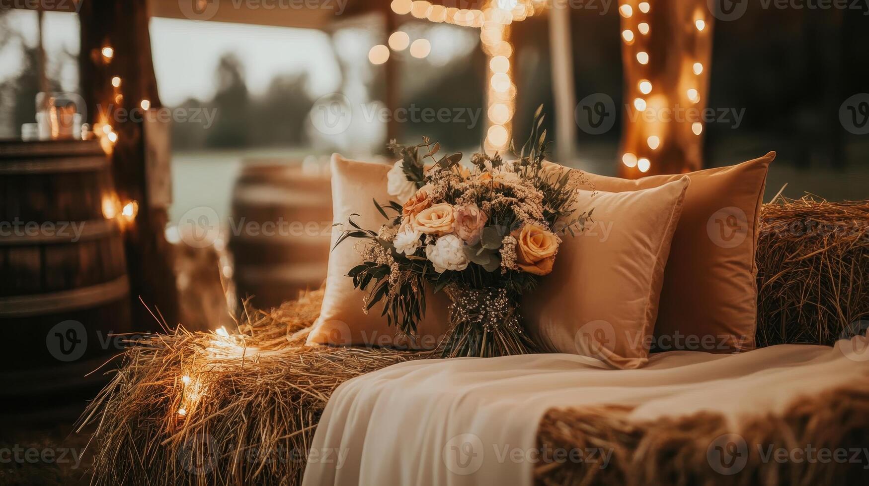 A cozy outdoor setup featuring pillows, a floral arrangement, and string lights, creating a warm and inviting atmosphere. photo