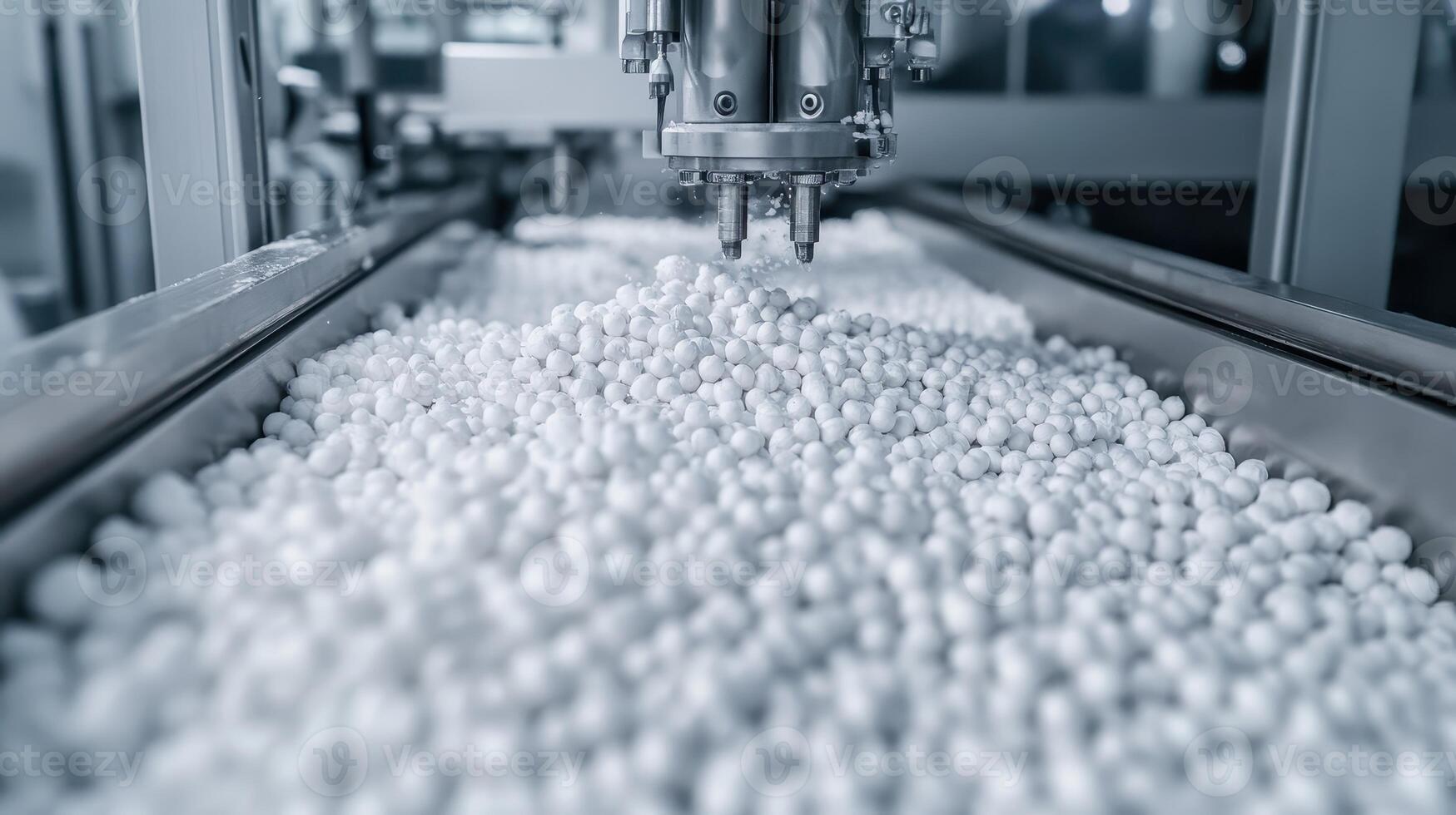 Smart Global Logistics Concept. Automated machinery dispensing small white balls on a conveyor belt in a manufacturing setting. photo