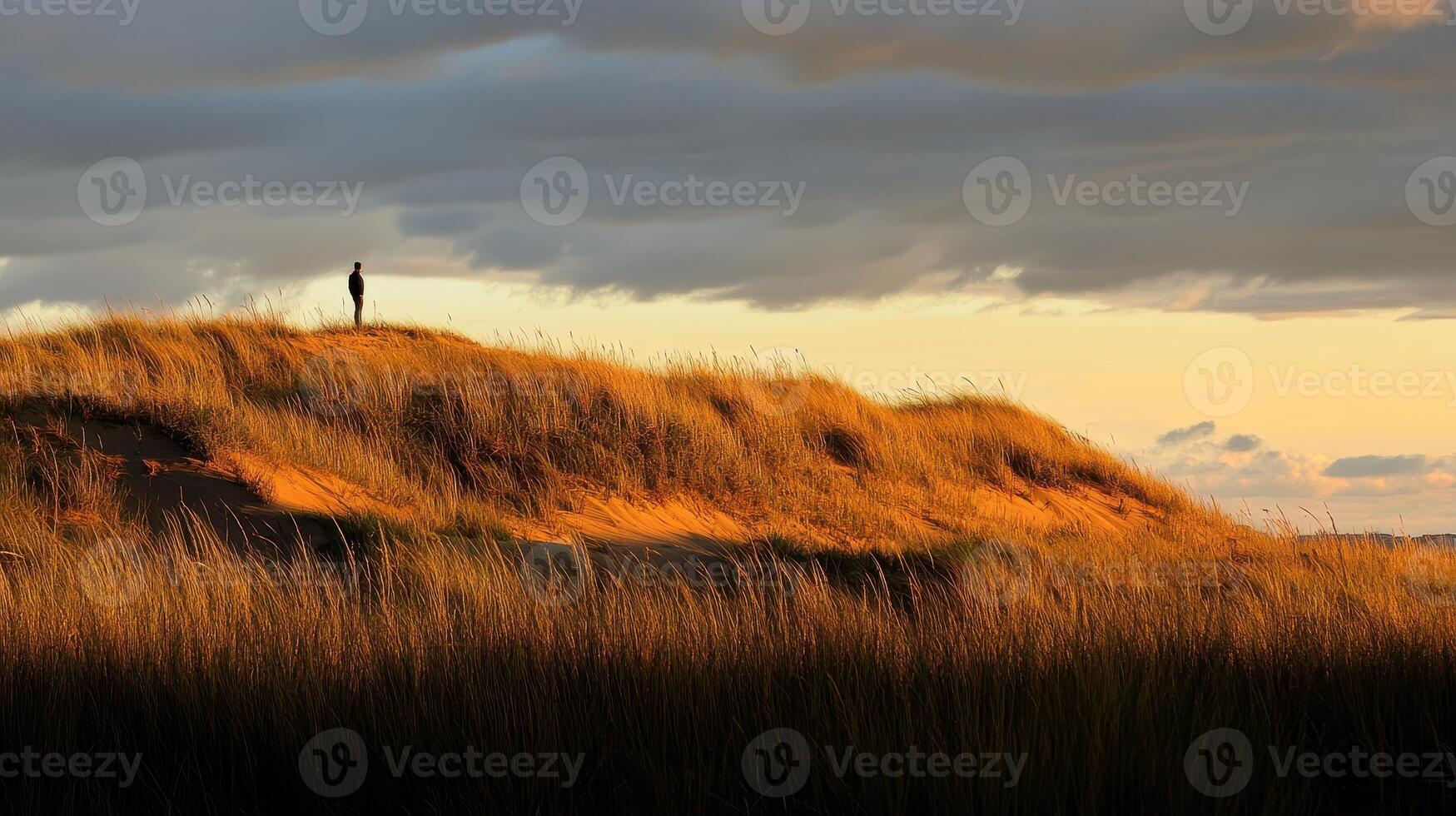 A solitary figure stands on a sandy dune, bathed in warm sunset light, surrounded by tall grass under a dramatic sky. photo
