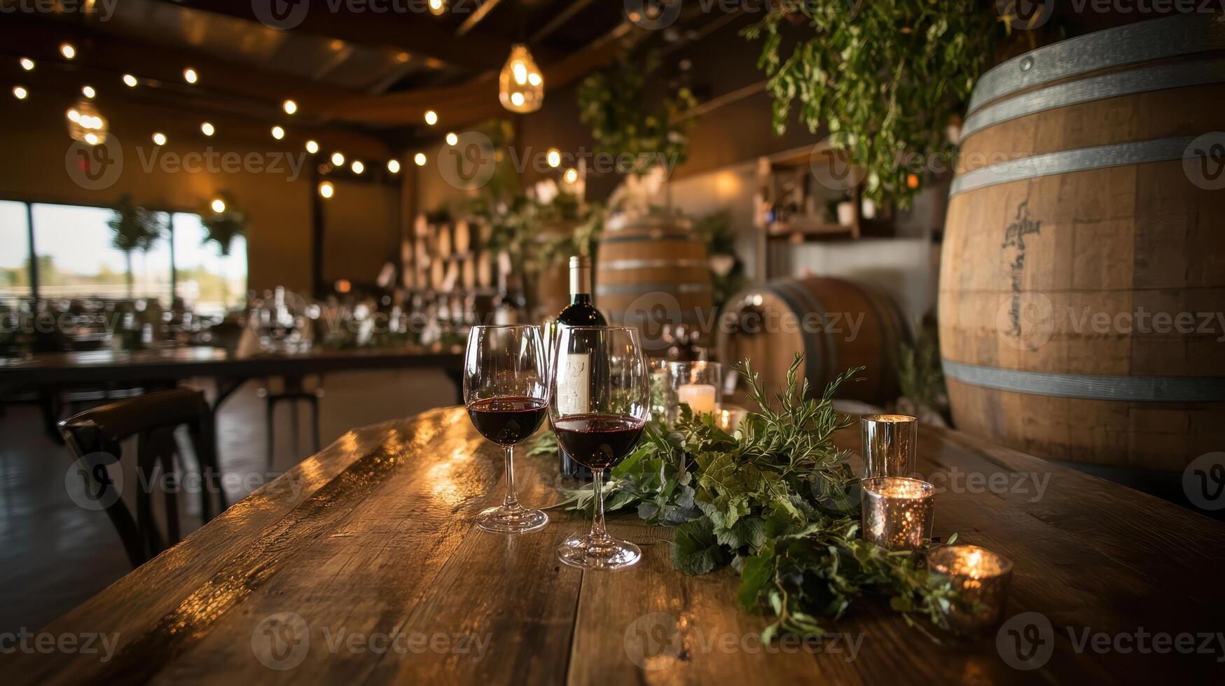 A cozy winery setting with wine glasses, candles, and greenery on a wooden table, surrounded by barrels and warm lighting. photo