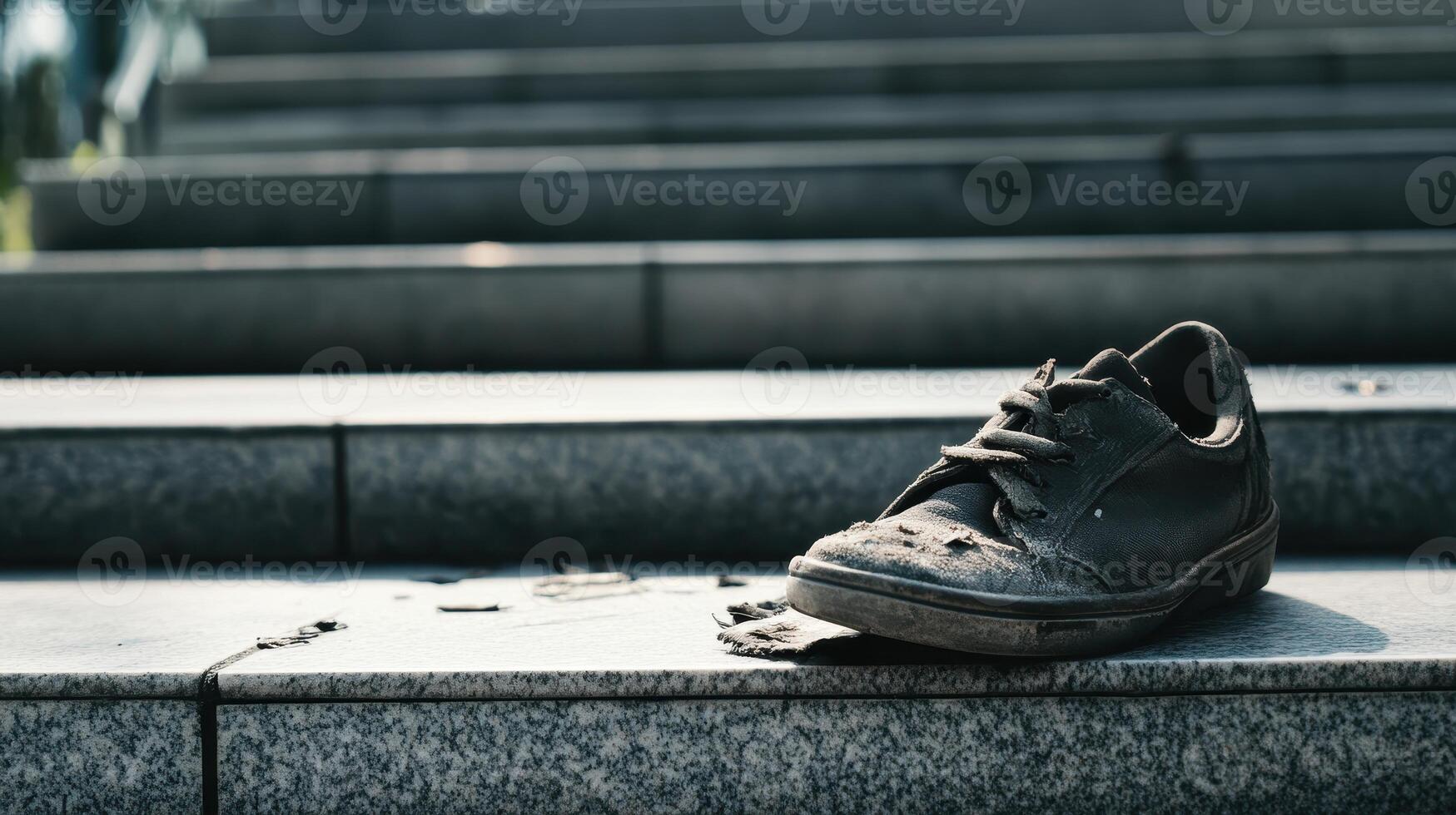 Economic Inequality Concept. A worn-out shoe rests on a set of concrete stairs, surrounded by debris, symbolizing neglect and abandonment. photo