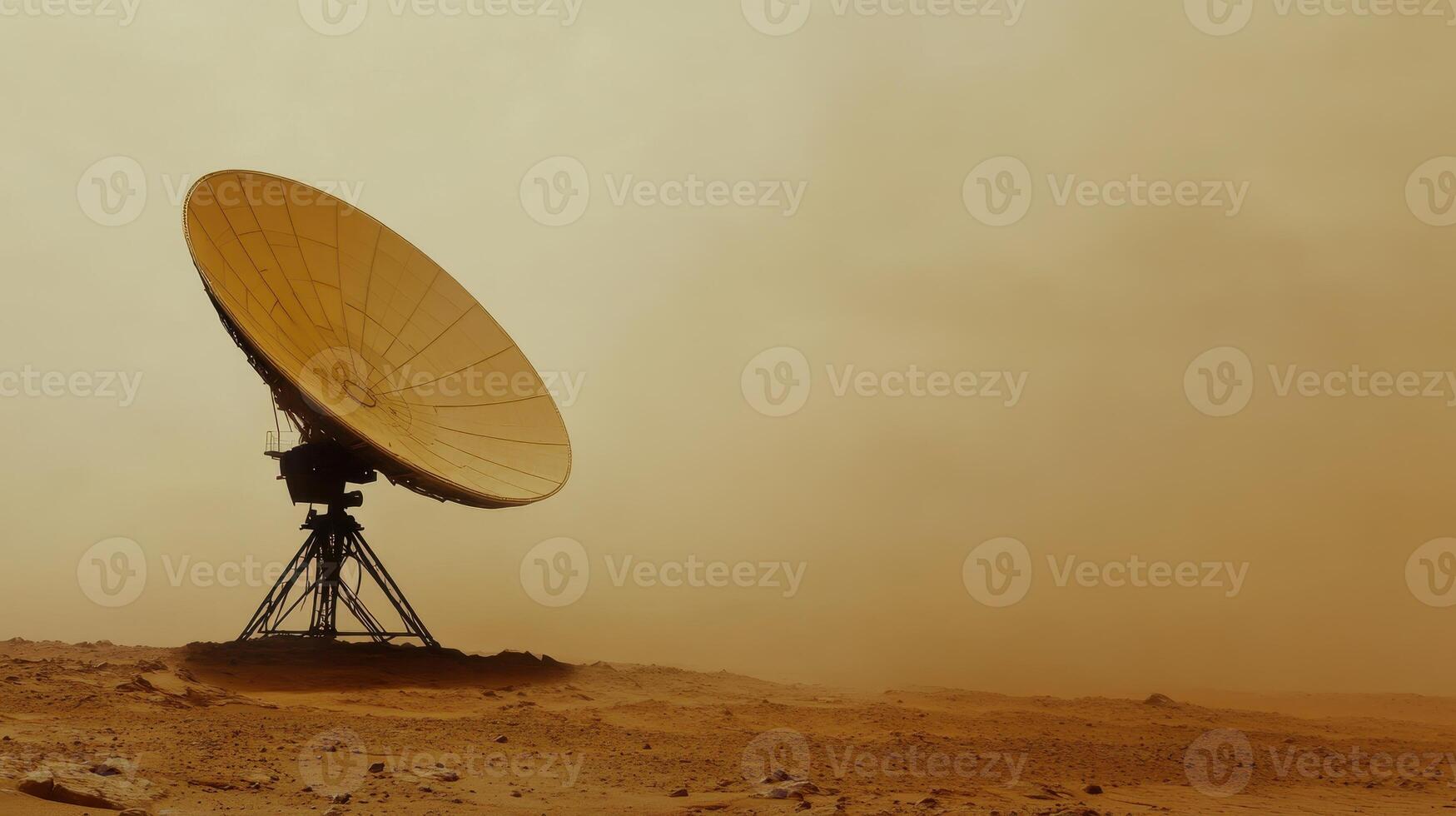 Satellite dish in a dusty, desolate landscape under a hazy sky, suggesting a remote and isolated environment. photo