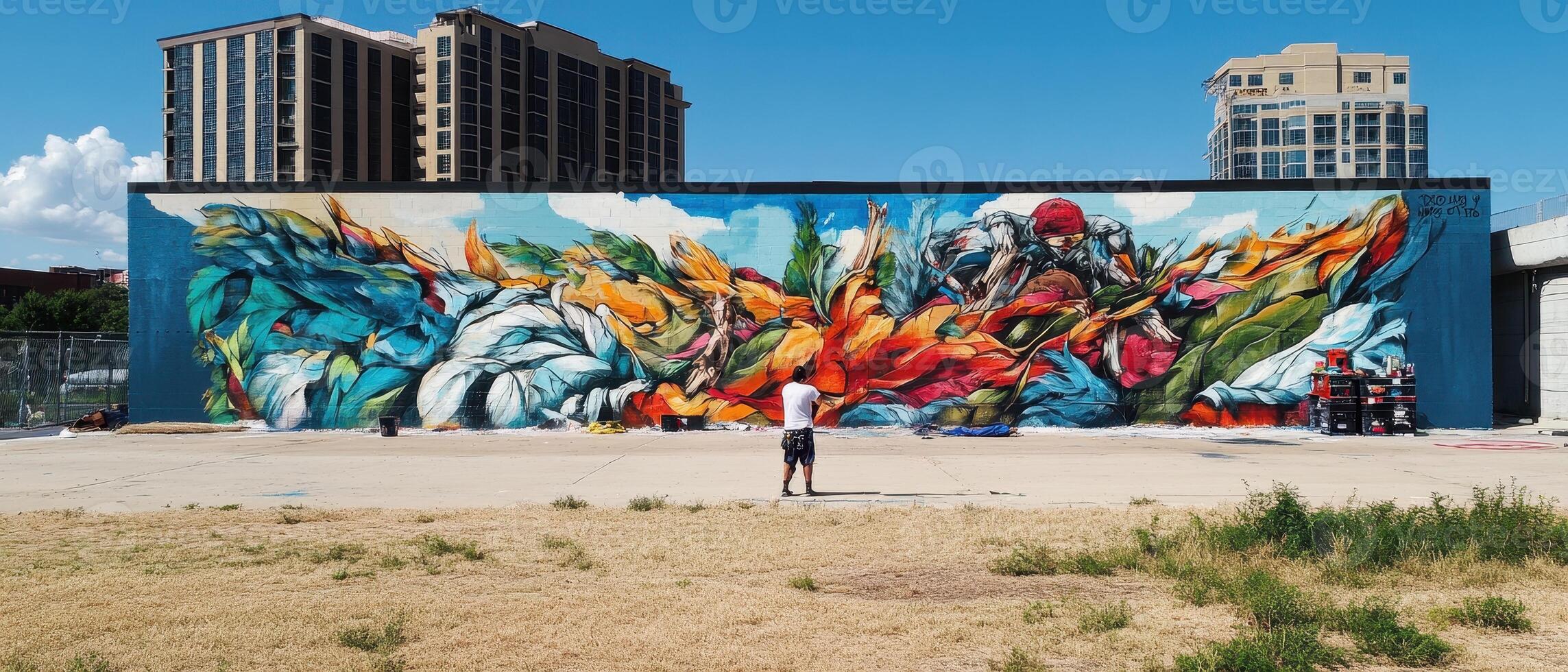 A vibrant mural displays an energetic scene of colorful figures, set against a clear blue sky and urban backdrop. photo