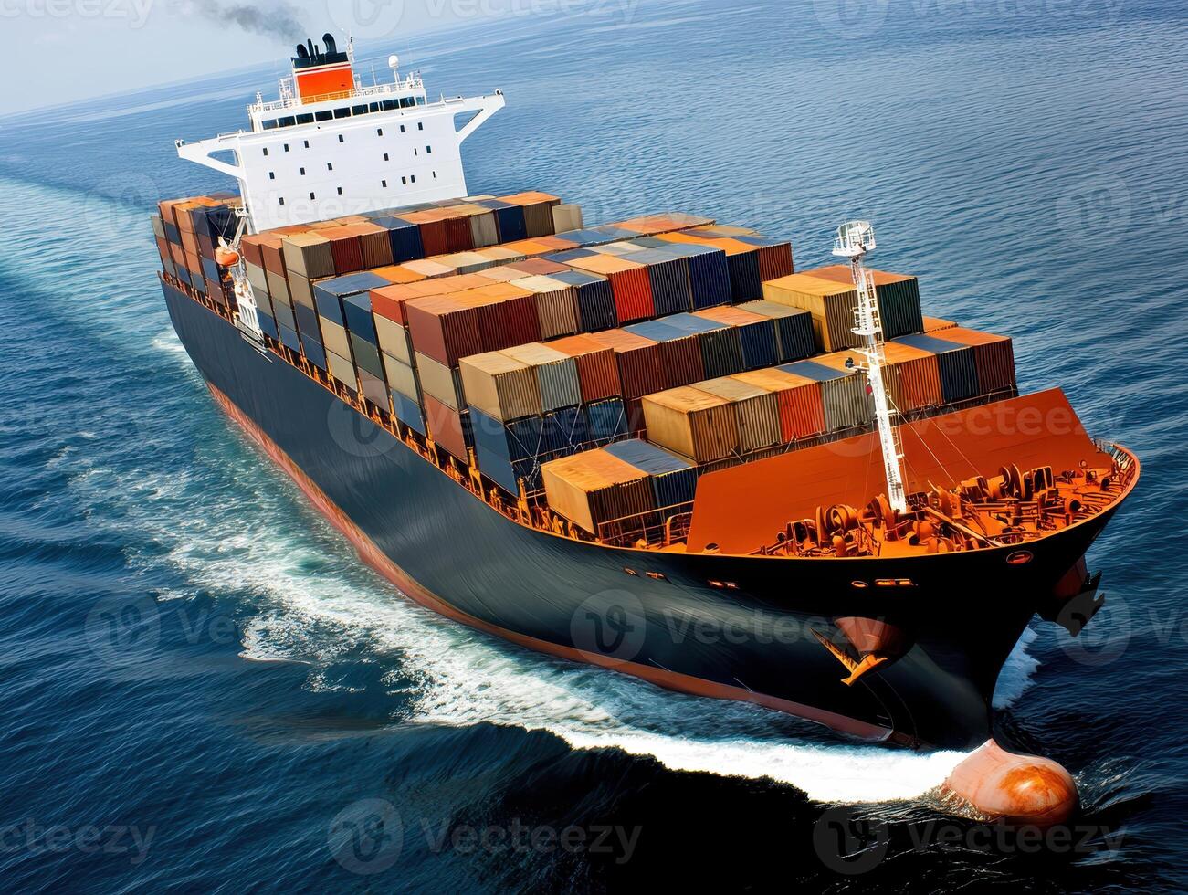Smart Global Logistics Concept. Large cargo ship navigating through water, loaded with colorful containers, showcasing maritime trade and transportation. photo