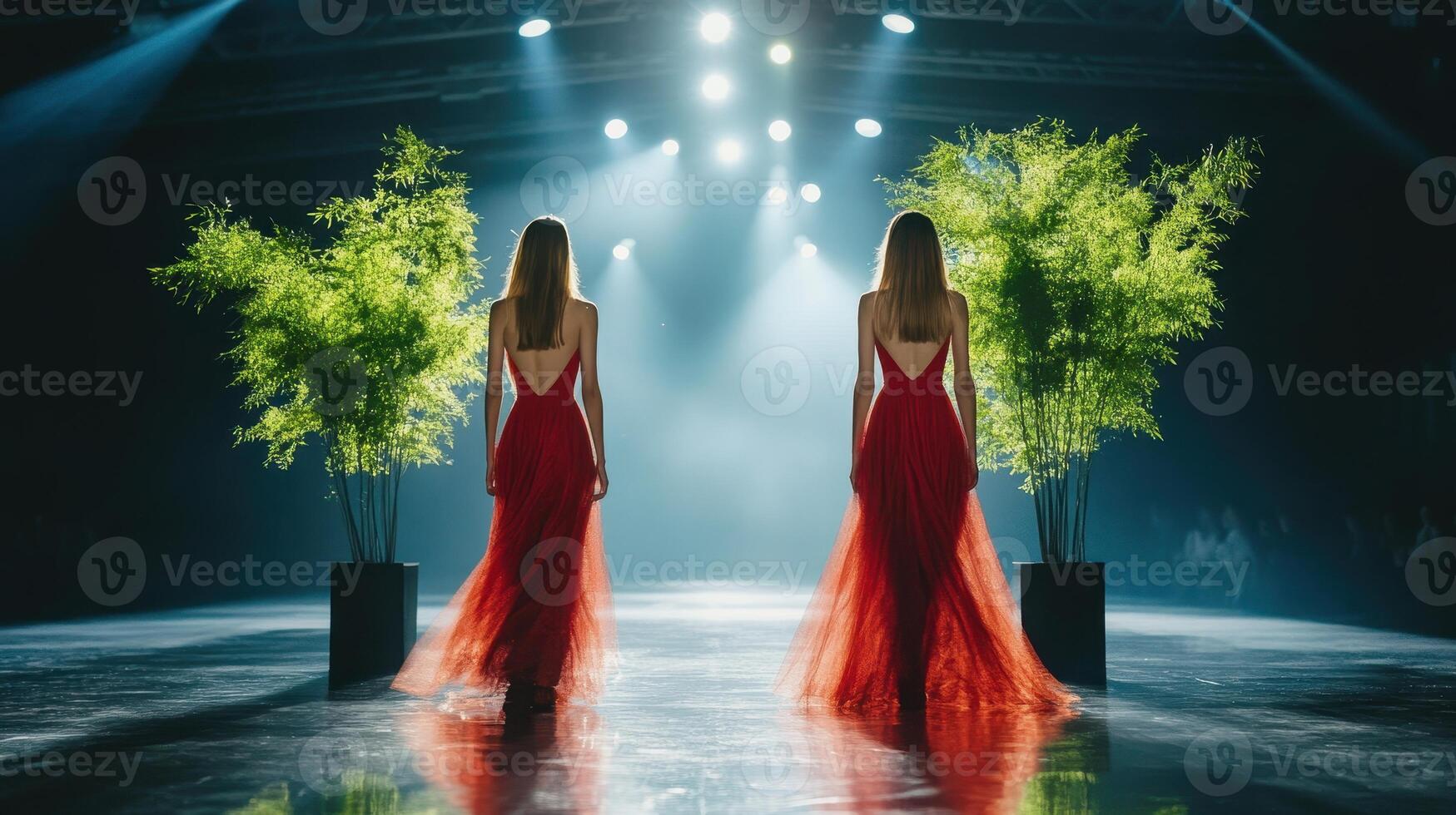 Elegant Fashion Show with Models in Red Dresses on Runway with Greenery and Dramatic Lighting photo