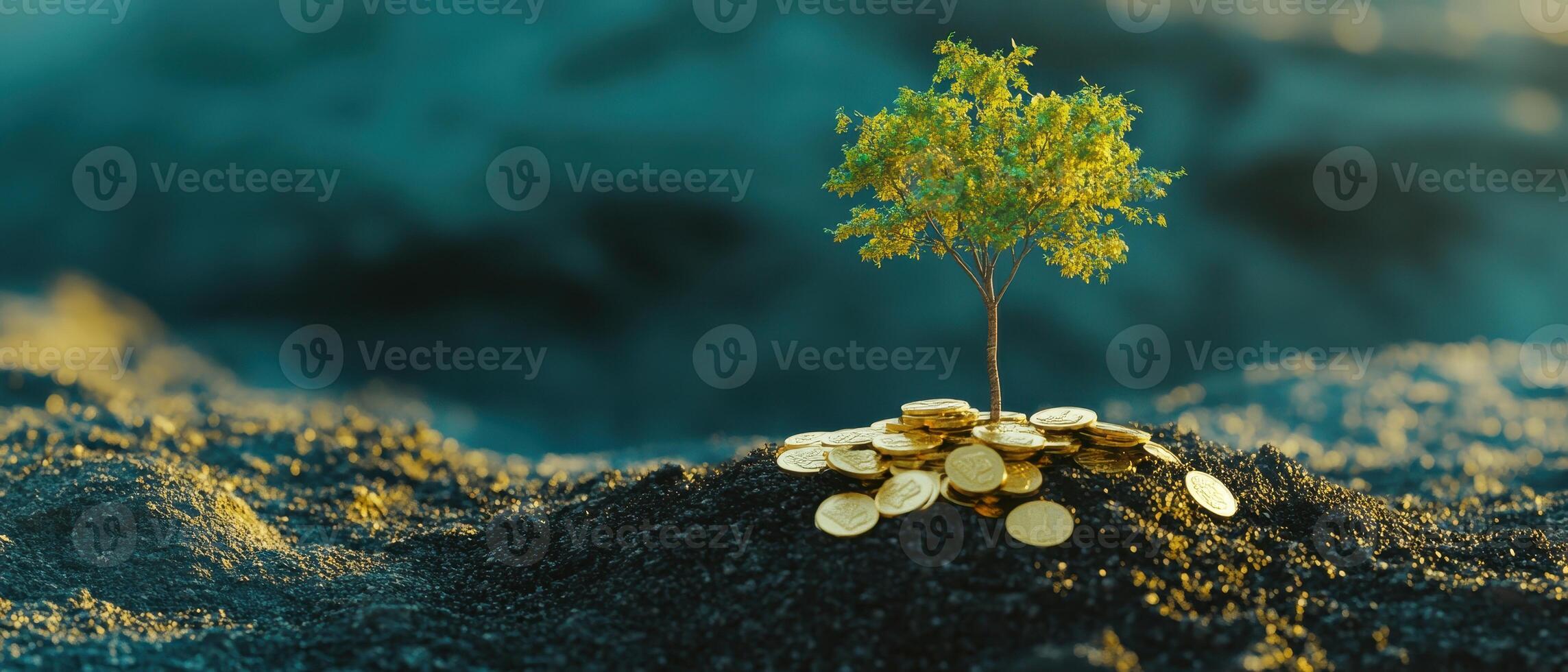 Emerging market economic trends Concept. A small tree grows from a mound of soil surrounded by scattered coins, symbolizing growth and prosperity. photo