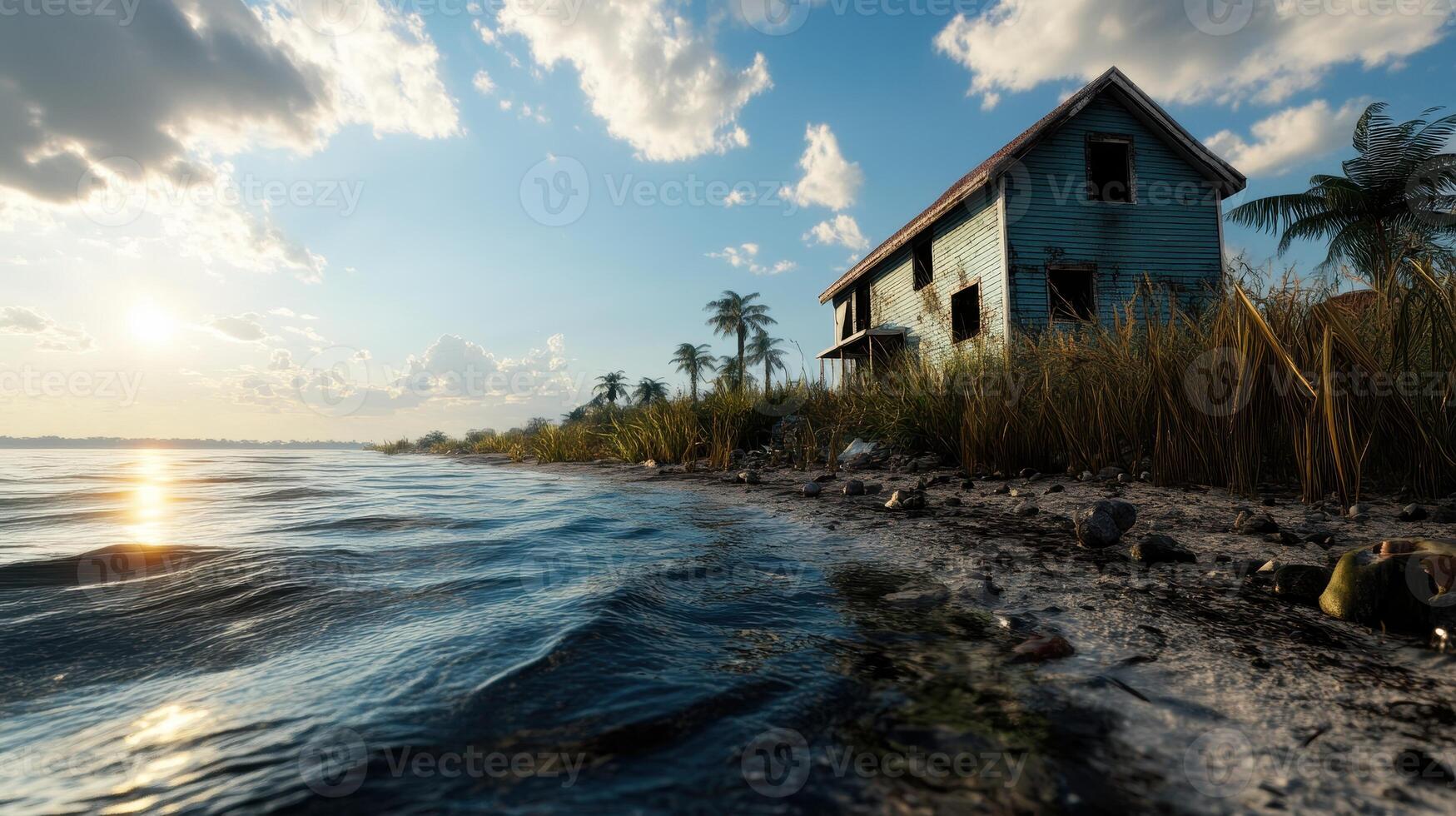 Abandoned Beach House by the Ocean at Sunset with Palm Trees and Dramatic Sky photo