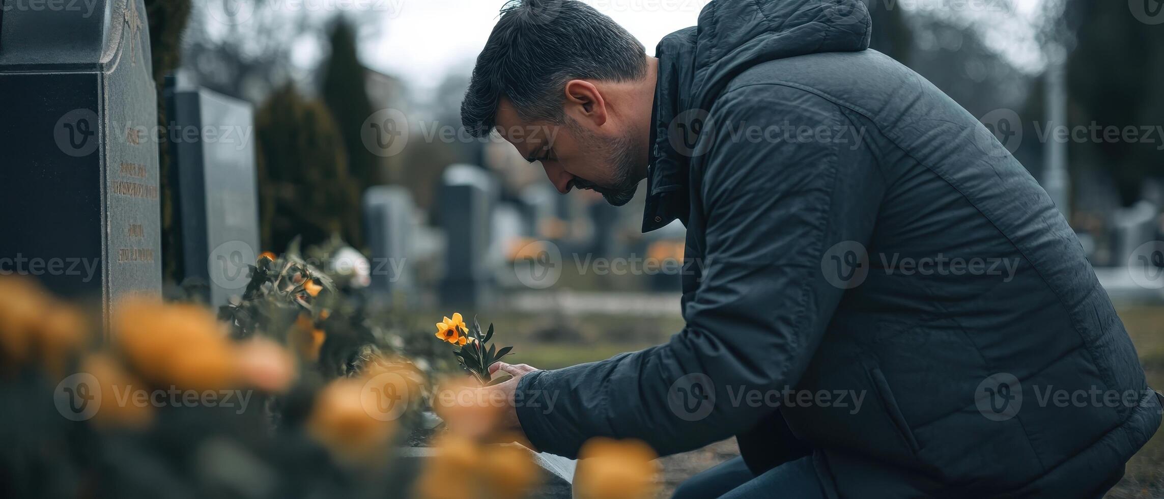 A somber man kneels at a grave, placing flowers, reflecting on loss in a serene cemetery setting. photo