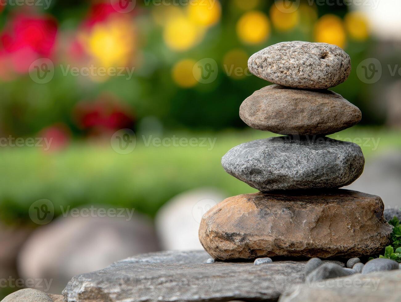 Balanced Stack of Smooth Stones in a Tranquil Garden Setting with Vibrant Blurred Flowers in the Background photo