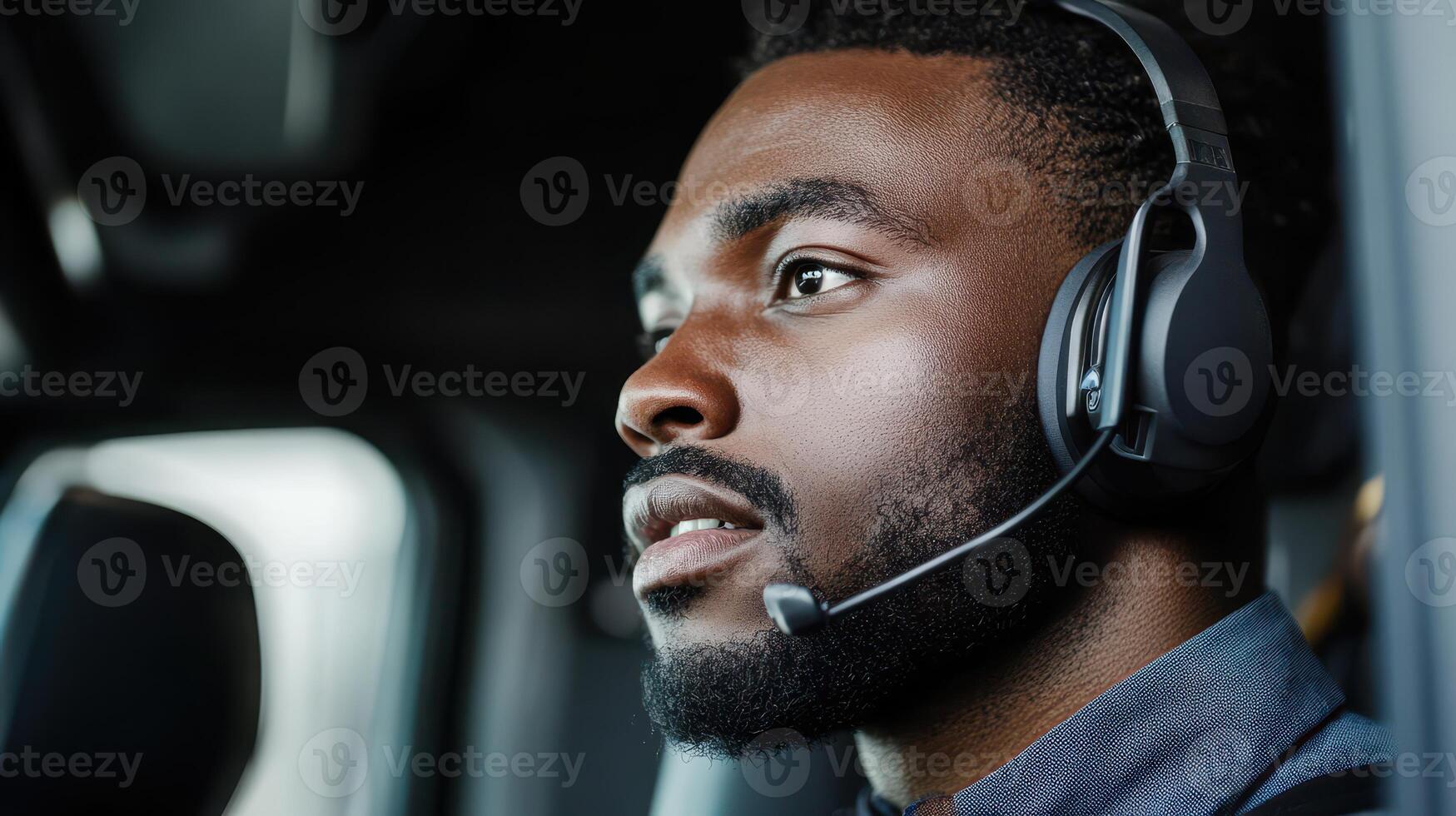 Smart Global Logistics Concept. A focused man wearing a headset engages in conversation, likely in a professional or customer service environment. photo