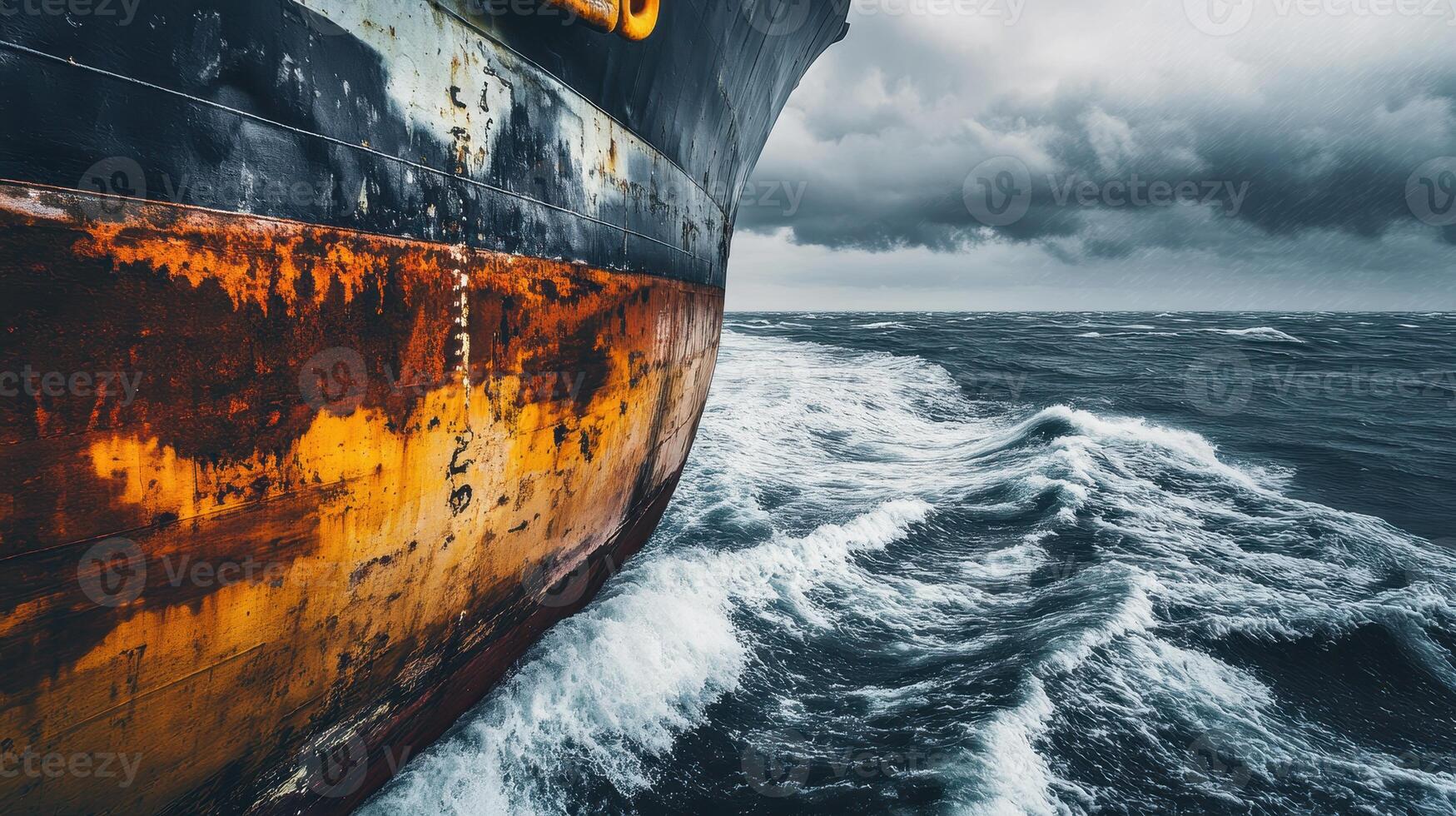 Rusty ship bow cutting through turbulent seas under a cloudy sky, capturing a sense of adventure and the raw power of nature. photo