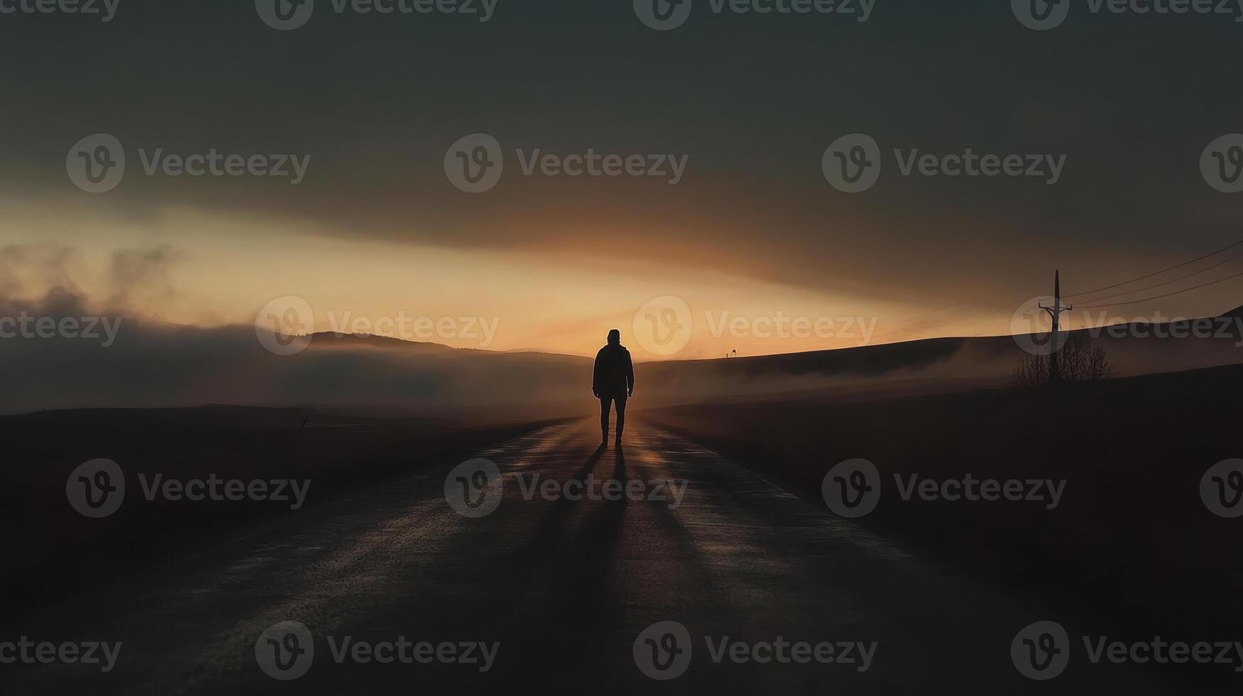 A solitary figure walks along a winding road at dusk, surrounded by mist and a fading sunset, evoking a sense of tranquility and introspection. photo