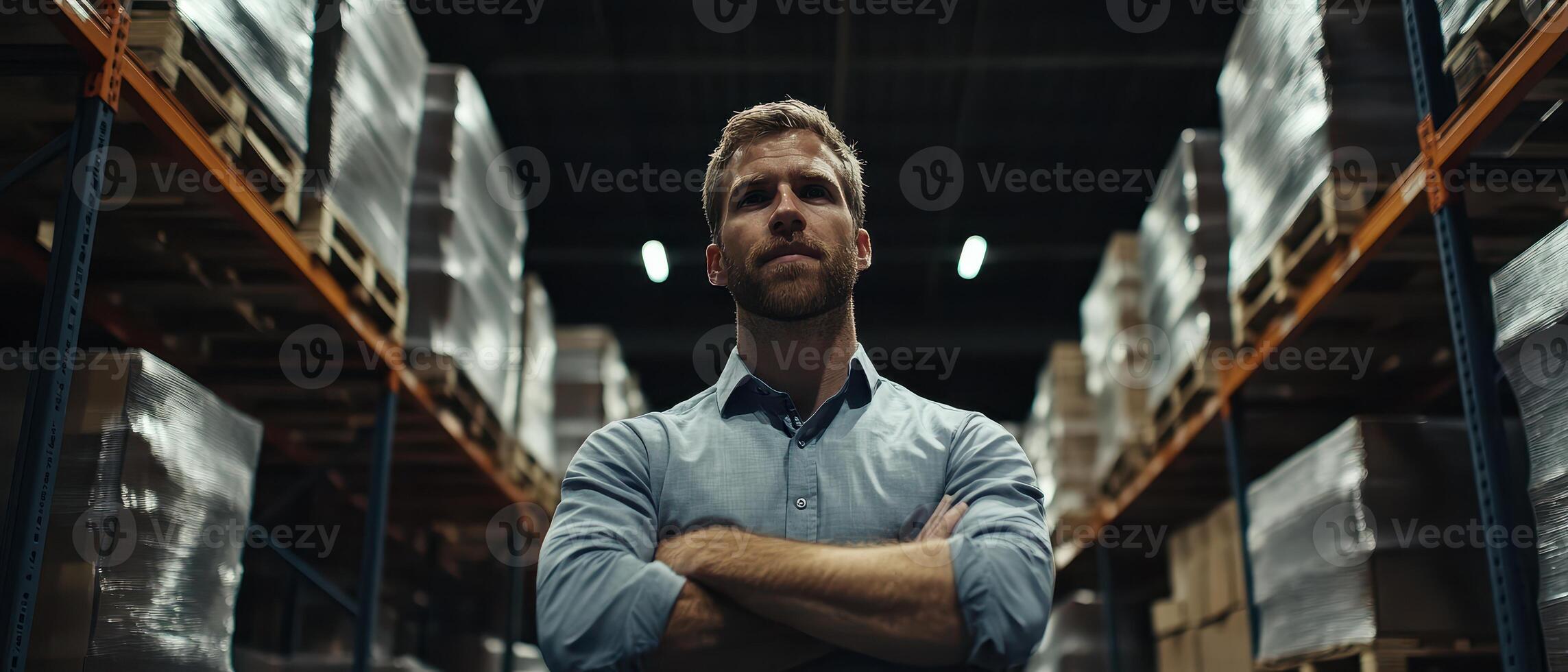 Smart Global Logistics Concept. A confident man stands in a warehouse, arms crossed, surrounded by stacks of boxes on shelves, conveying leadership and focus. photo