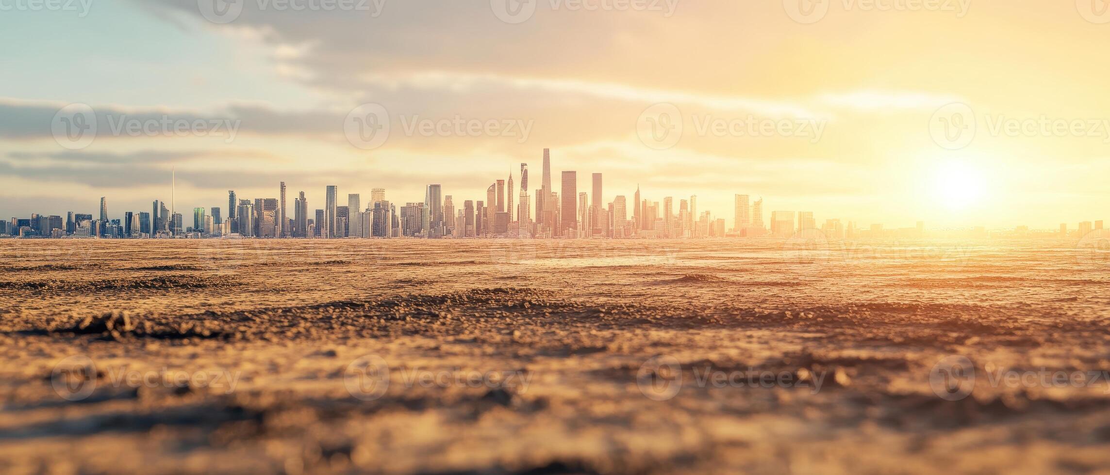 Economic Inequality Concept. A vast landscape with a city skyline in the background illuminated by a warm sunset, creating a serene and picturesque view. photo
