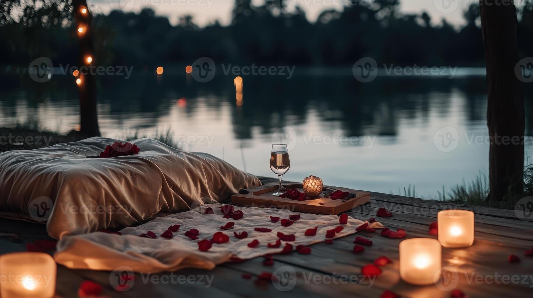 A romantic lakeside setup with a cozy blanket, rose petals, candles, and a glass, set against a serene water backdrop at dusk. photo