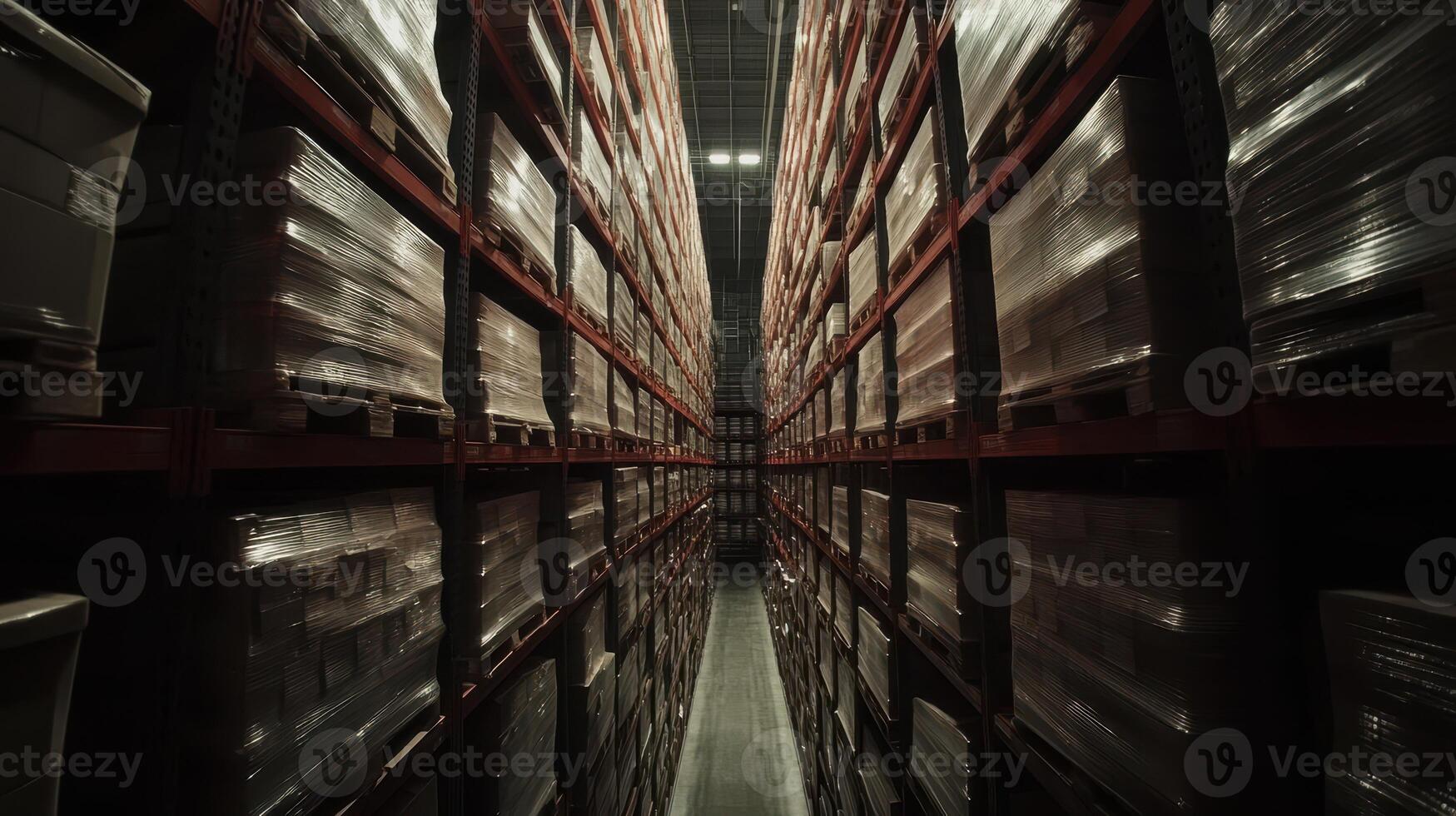Smart Global Logistics Concept. A narrow aisle between tall storage racks filled with neatly stacked boxes, illuminated by overhead lights. photo