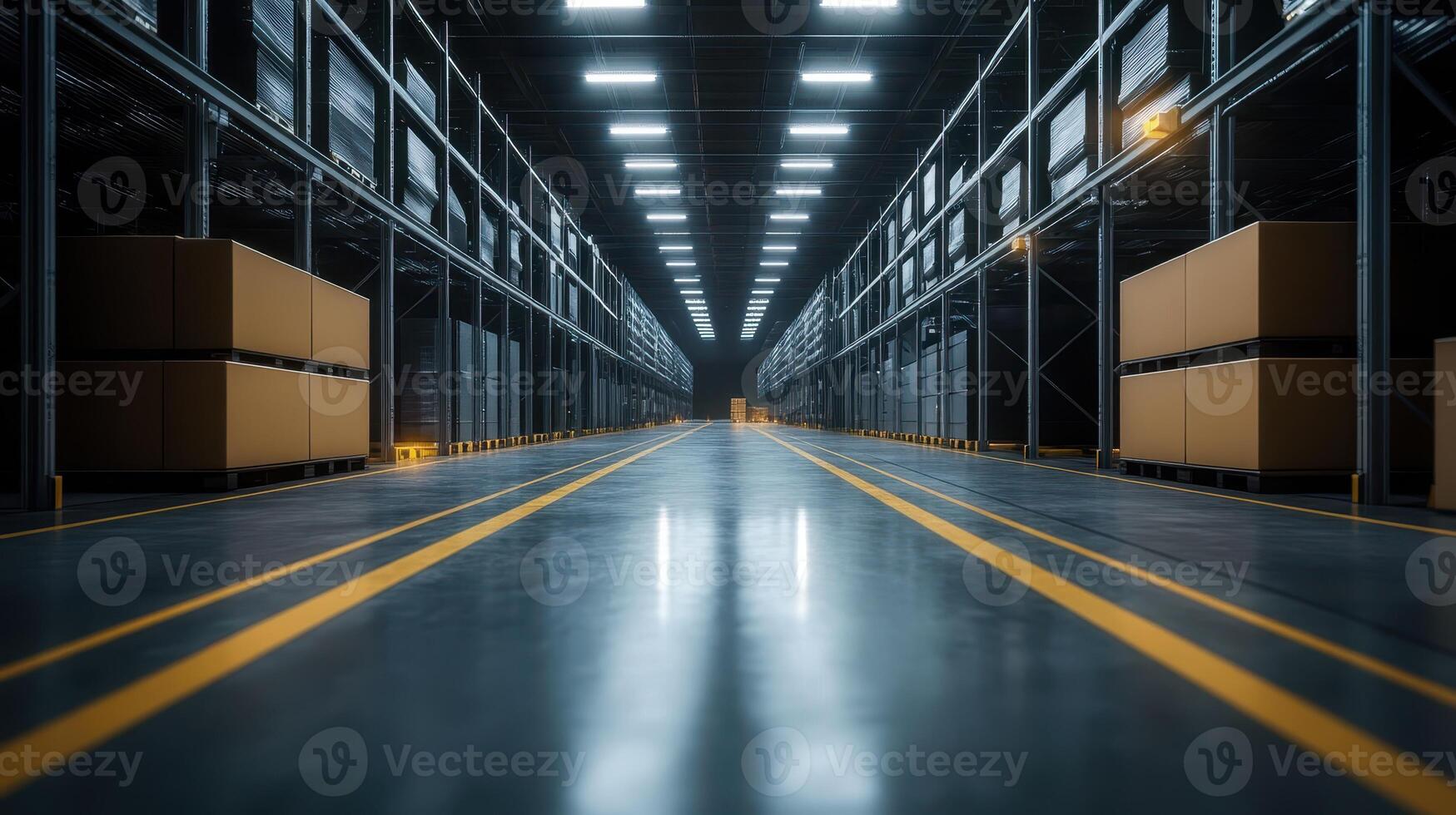 Smart Global Logistics Concept. A spacious warehouse interior with stacked boxes and bright overhead lights illuminating the wide aisles. photo