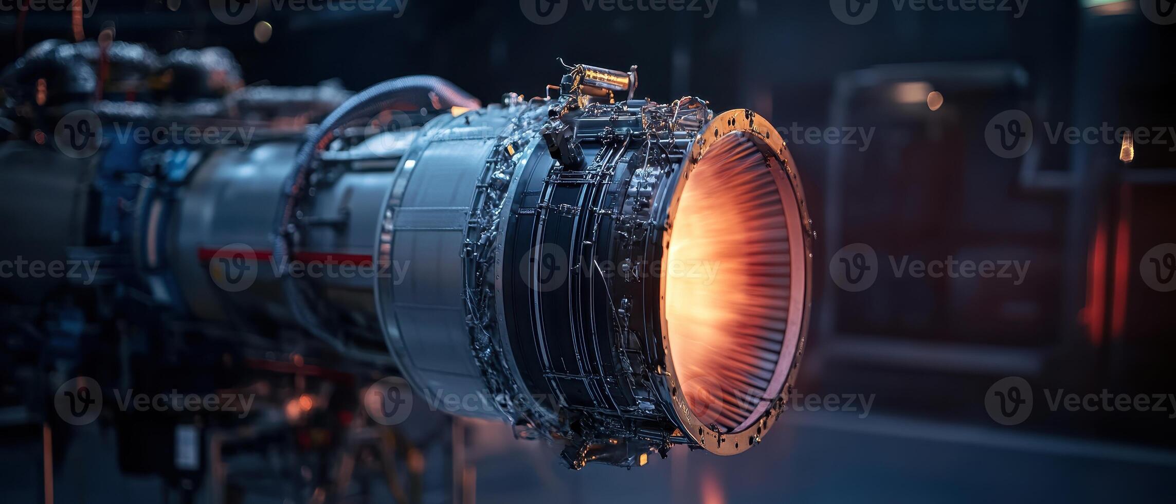 A close-up view of a jet engine with flames, showcasing intricate engineering and advanced technology in aviation. photo