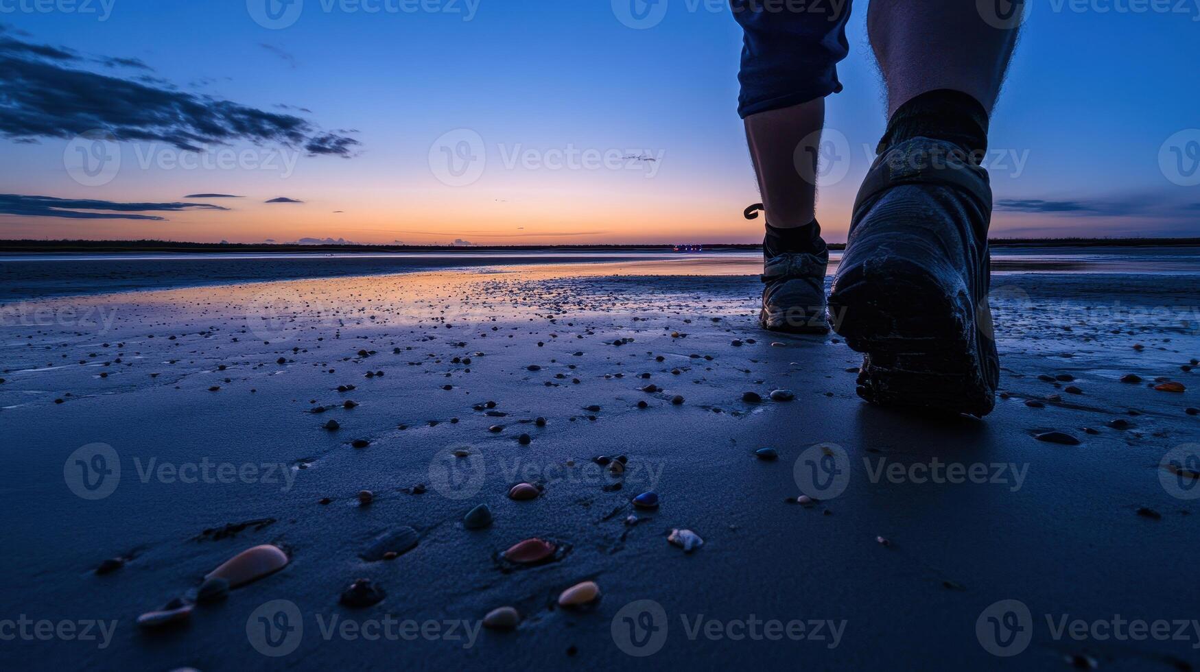 A person walks along a sandy beach at sunset, with shells scattered on the shore and a vibrant sky transitioning to twilight. photo