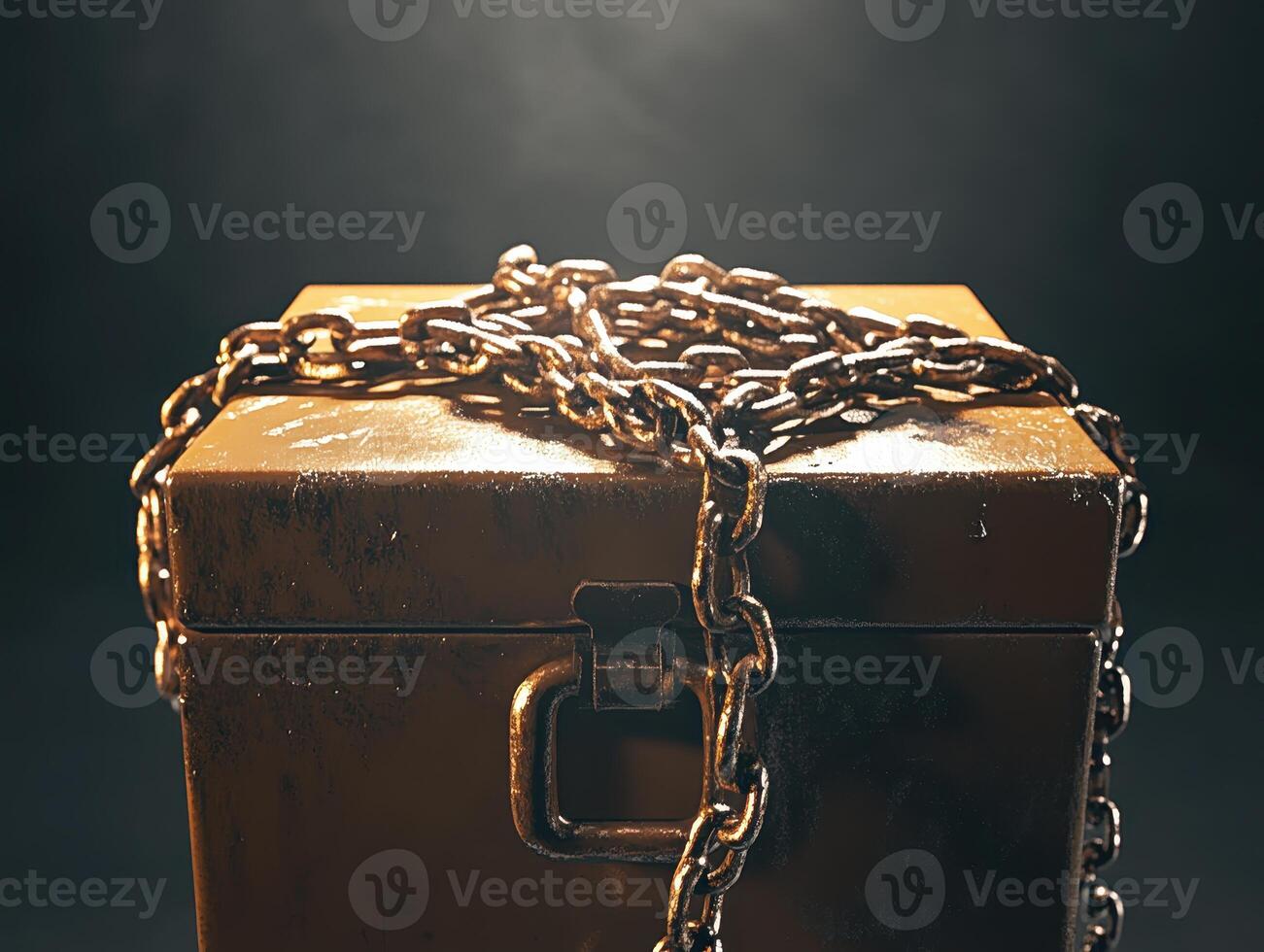 A locked wooden chest bound with heavy chains, illuminated by soft light, creating a mysterious and intriguing atmosphere. photo