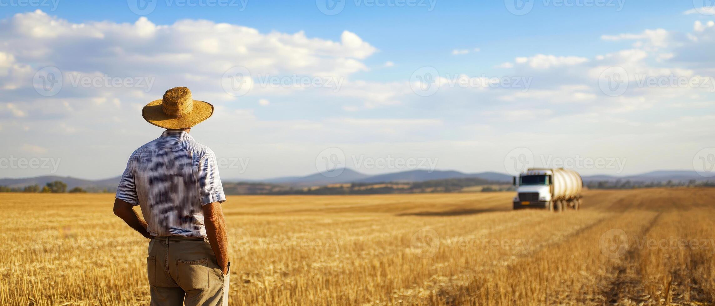 Economic Inequality Concept. A farmer in a straw hat watches a truck on a vast golden field under a blue sky with scattered clouds. photo