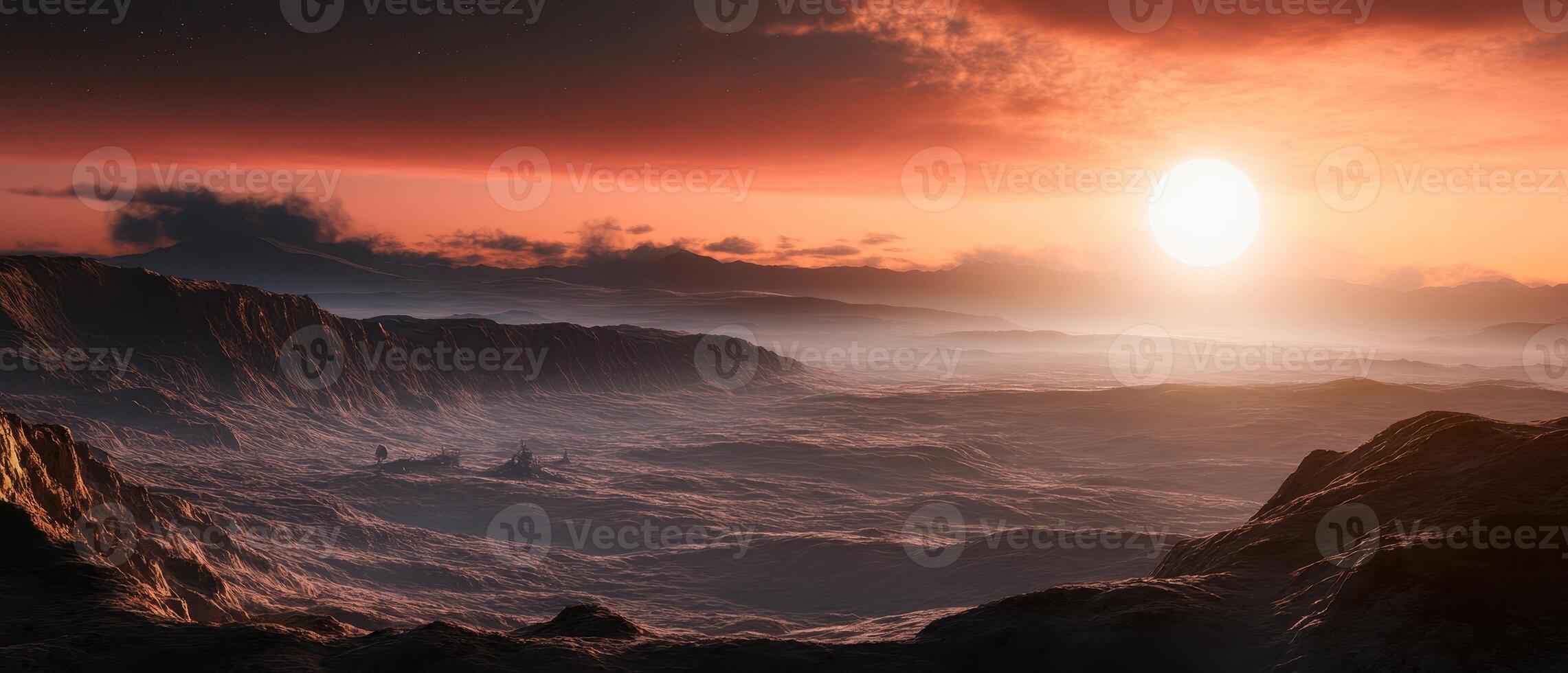 A breathtaking sunset over a rugged landscape, featuring dramatic cliffs and a vibrant sky filled with warm colors. photo