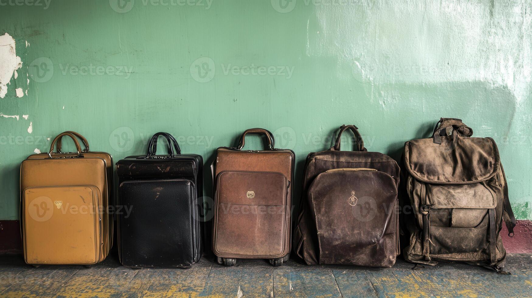 Economic Inequality Concept. Five vintage bags lined up against a green wall, showcasing different styles and colors, evoking nostalgia and travel memories. photo