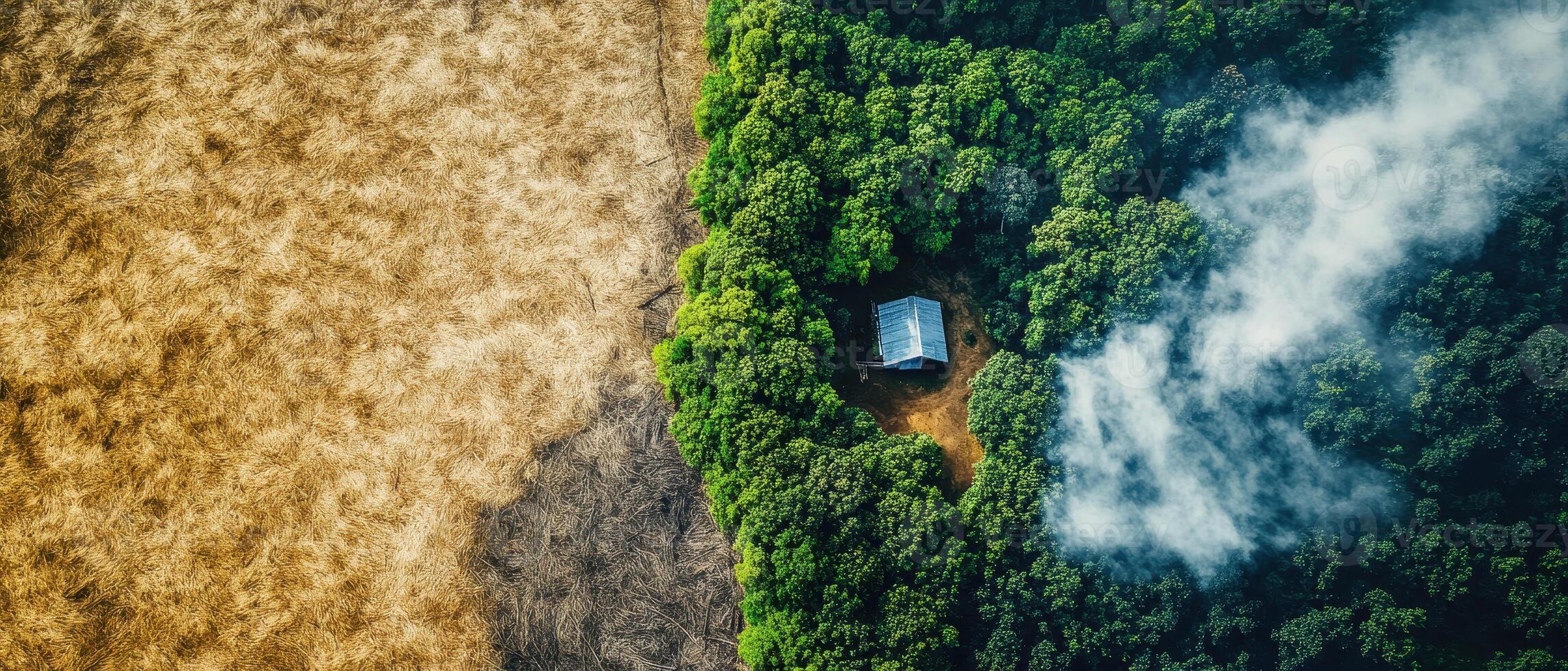 Aerial view showing a clear boundary between lush green forest and dry land, with a small structure surrounded by smoke. photo