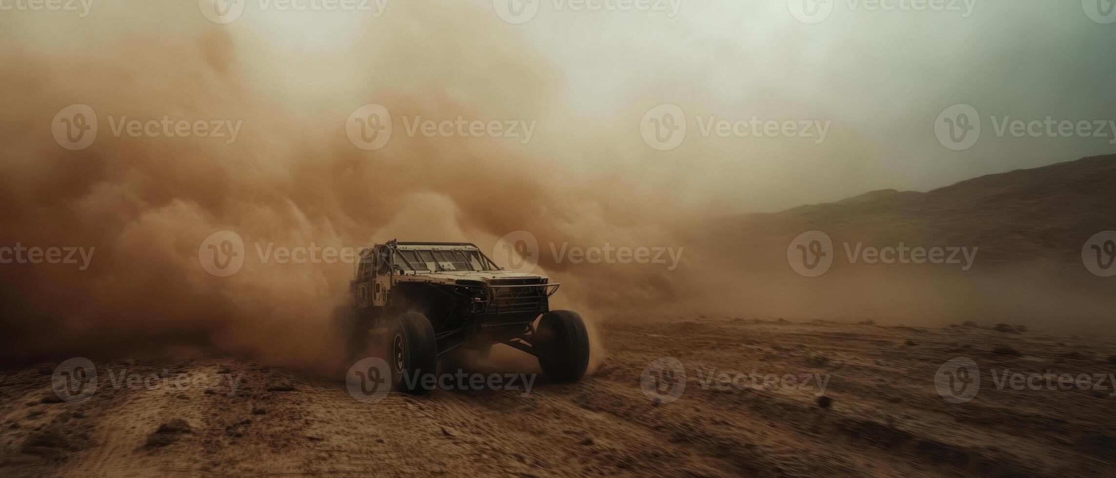 A rugged vehicle navigates through a dusty landscape, creating a dramatic cloud of dust against a moody sky. photo