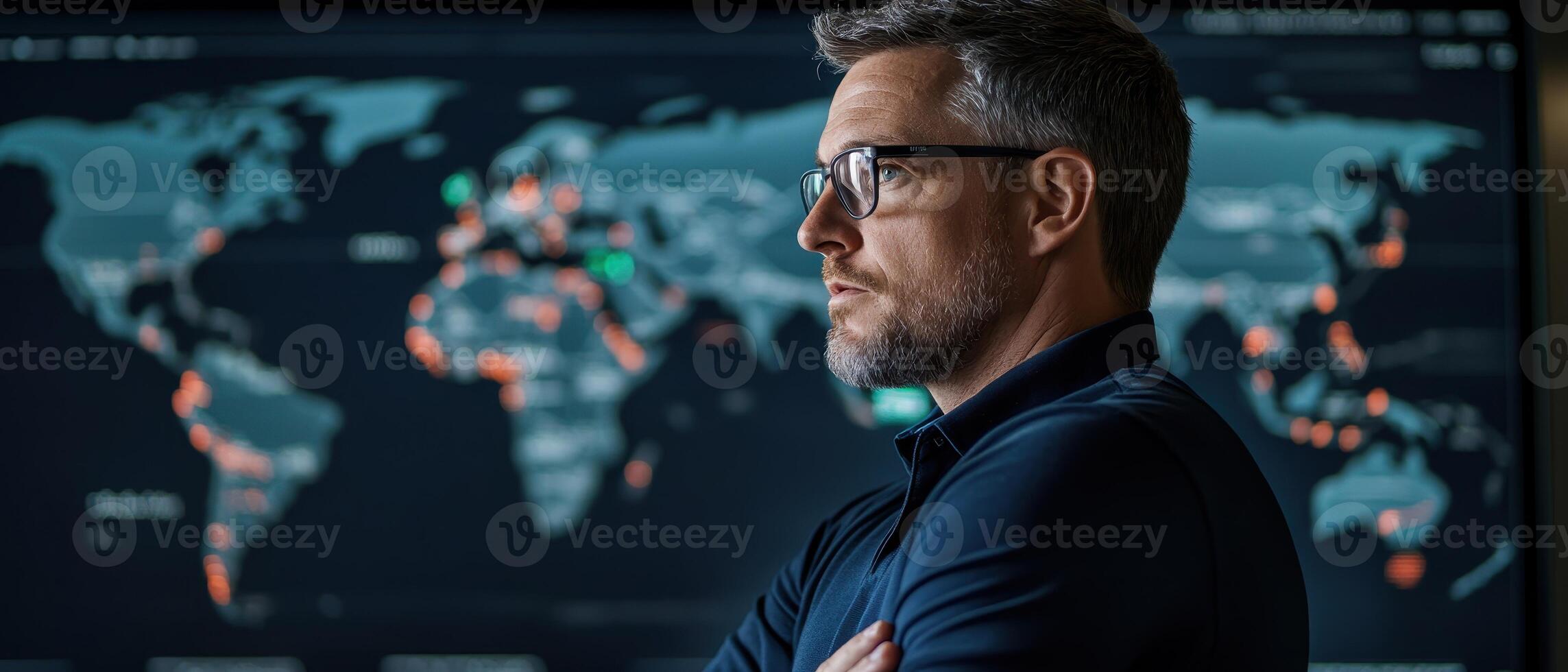 Smart Global Logistics Concept. A focused man stands before a world map display, analyzing data and trends in a modern workspace. photo