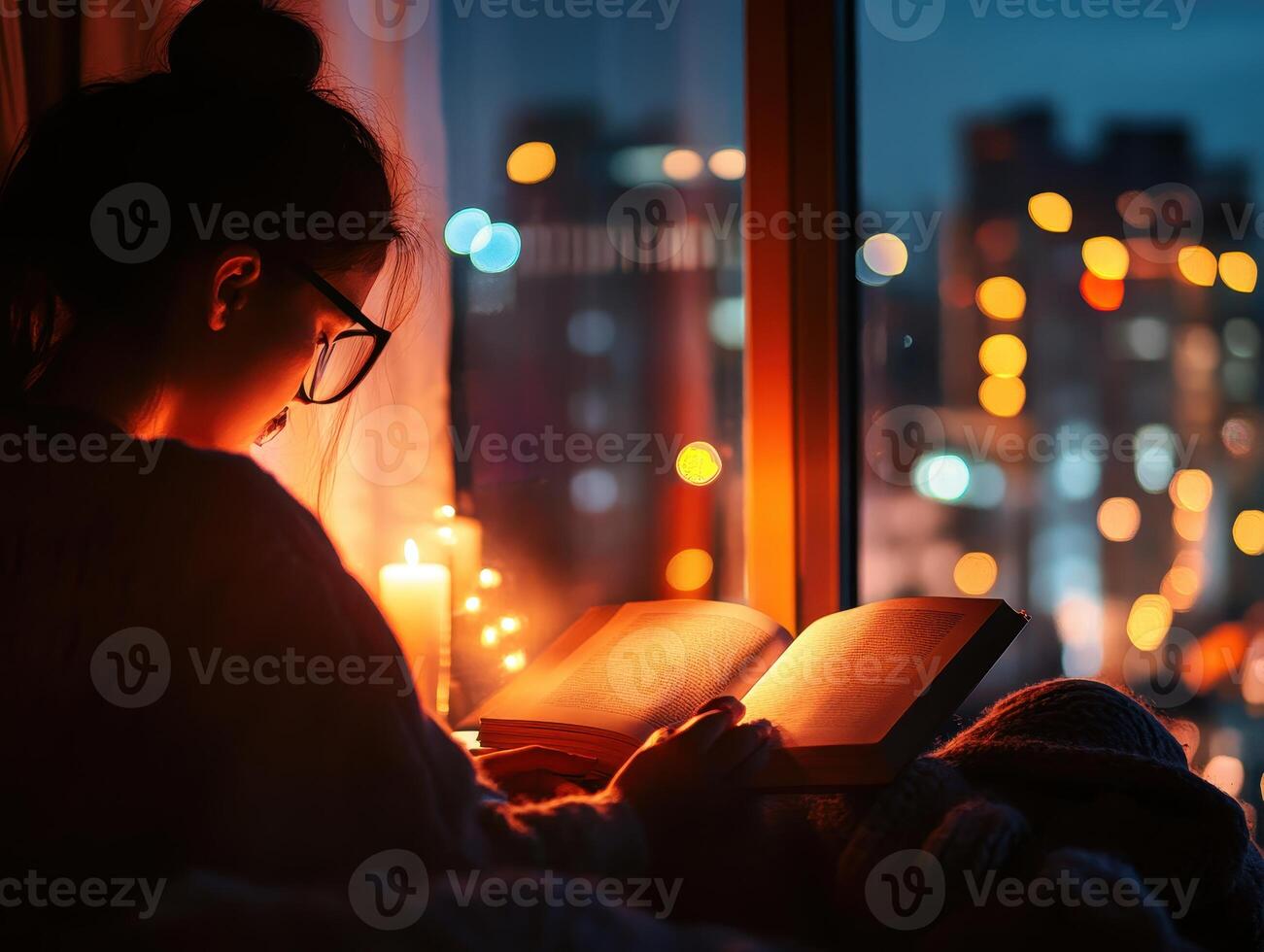 Economic Inequality Concept. A woman reads a book by candlelight near a window, with a blurred cityscape illuminated by lights in the background. photo
