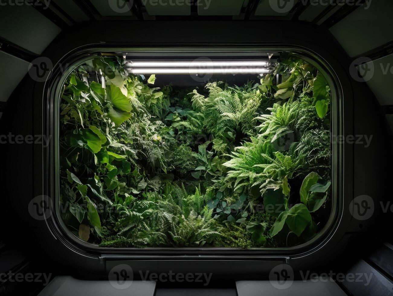 A window reveals a lush, green indoor garden, showcasing a variety of plants thriving in a well-lit, enclosed space. photo