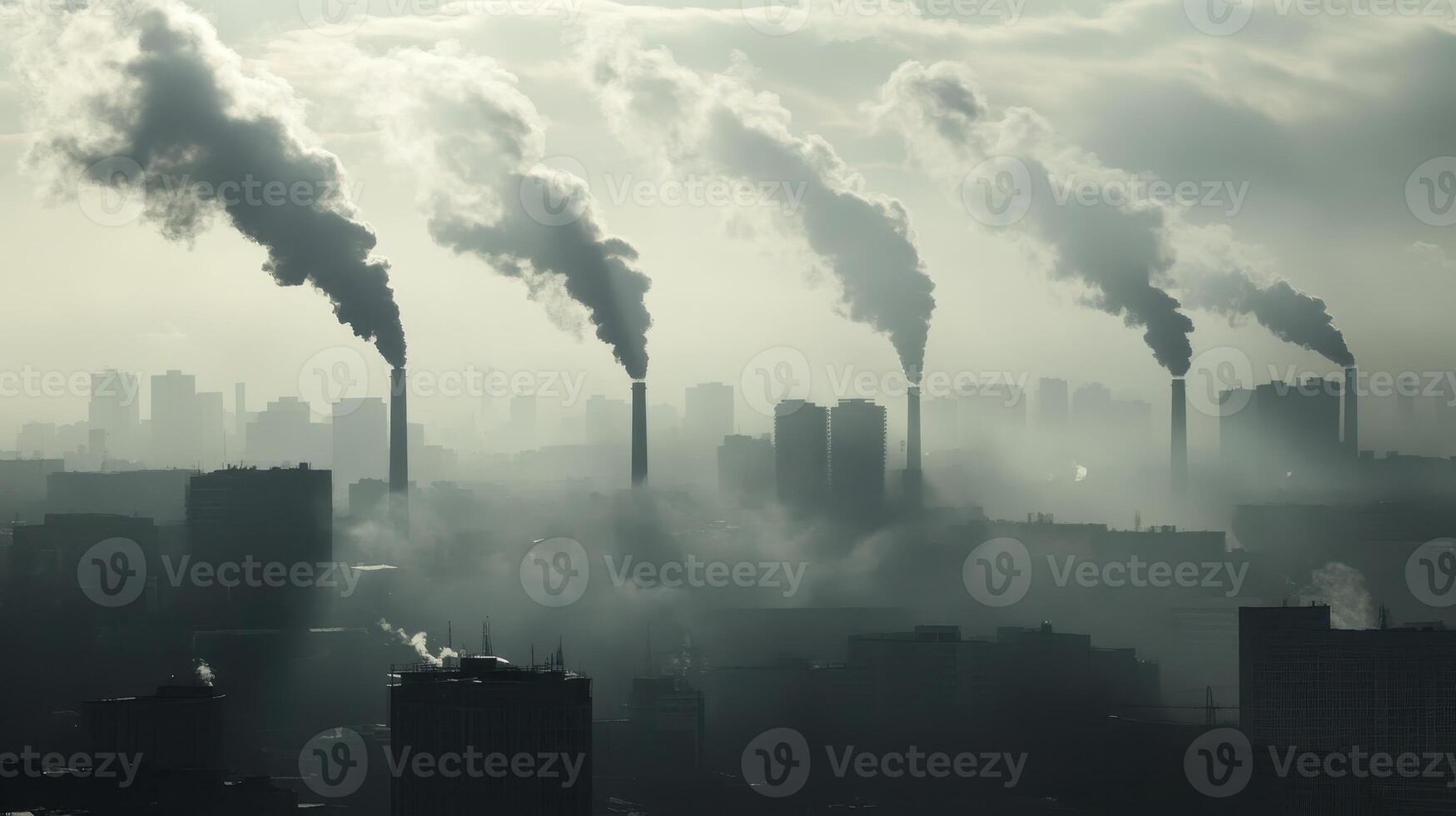 Industrial Cityscape with Heavy Pollution and Smoke Emissions from Multiple Factory Chimneys photo