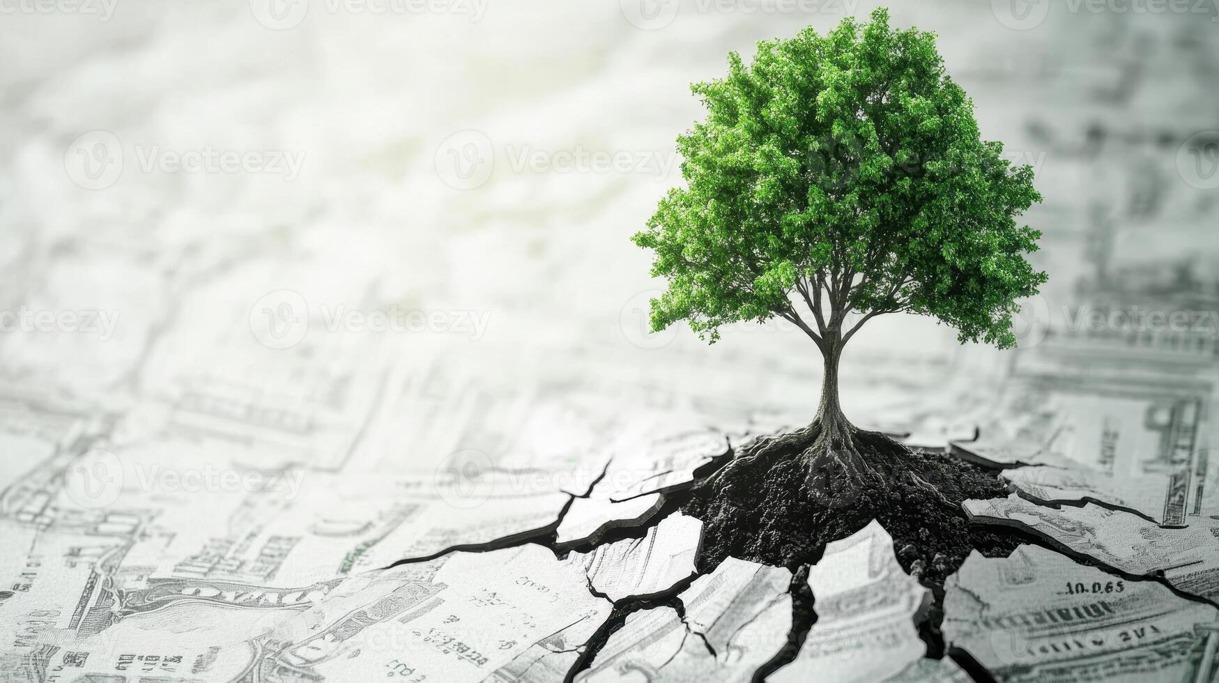 ESG Investing Trends Concept. A solitary green tree emerges from cracked earth, symbolizing resilience and growth amidst a backdrop resembling currency or financial documents. photo