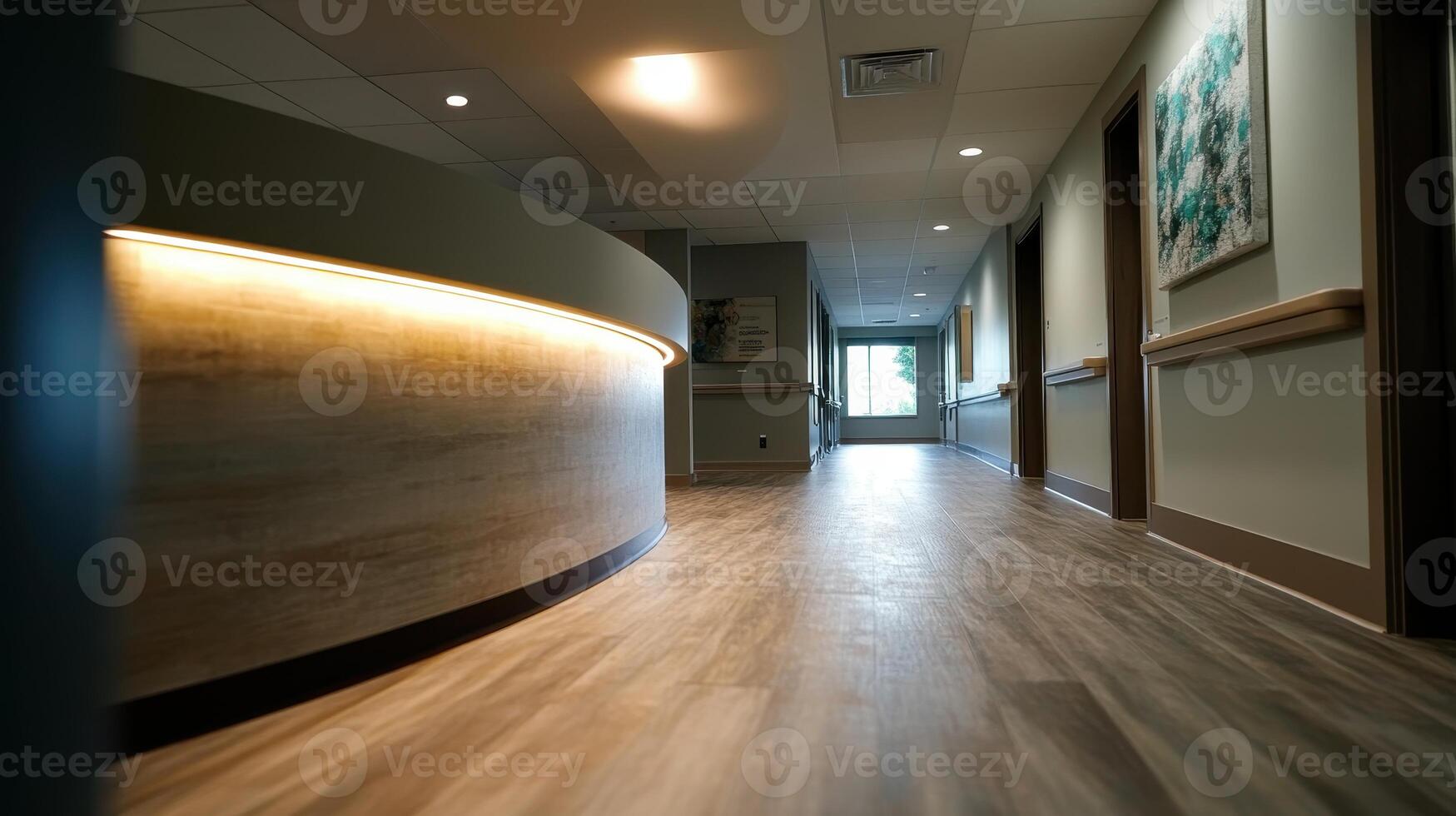 Modern Hospital Corridor with Wooden Flooring and Soft Lighting in a Healthcare Facility photo