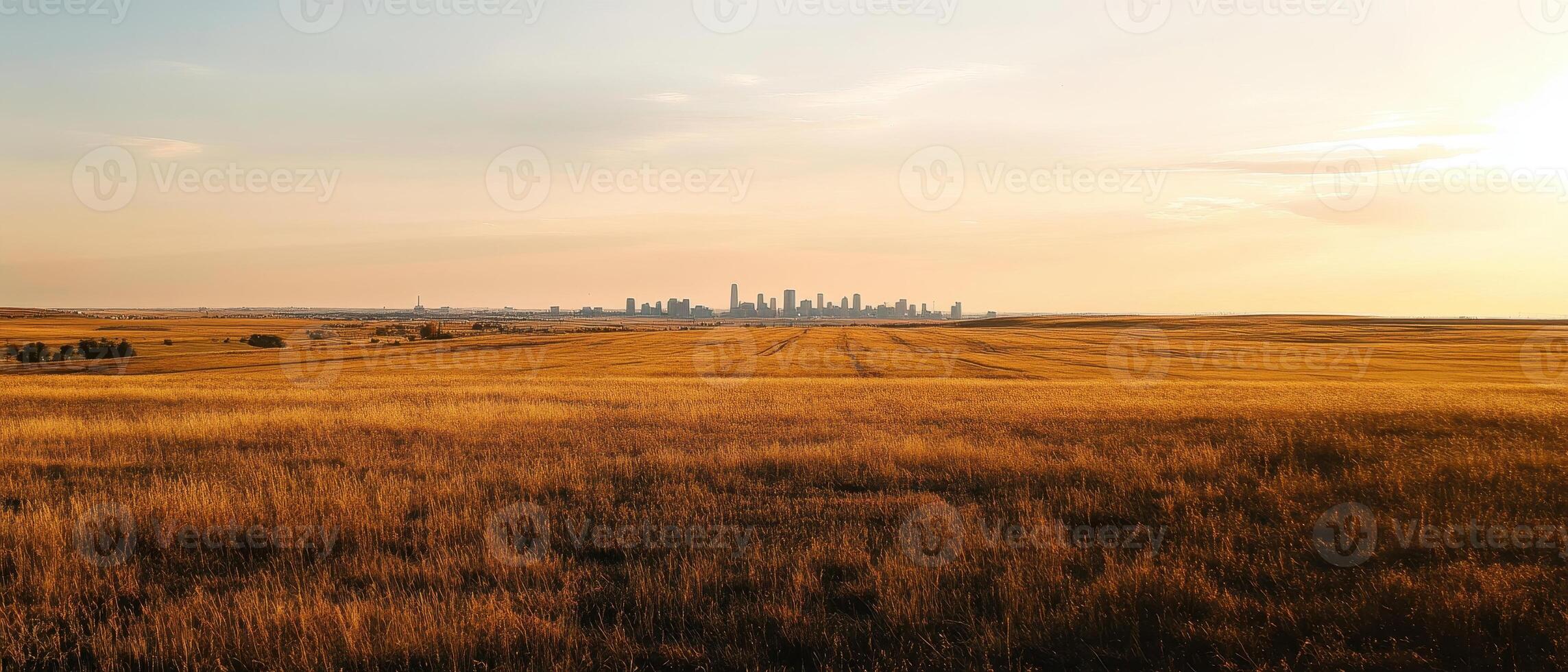 Economic Inequality Concept. Vast golden fields stretch towards a distant city skyline under a warm sunset, blending nature with urban life. photo