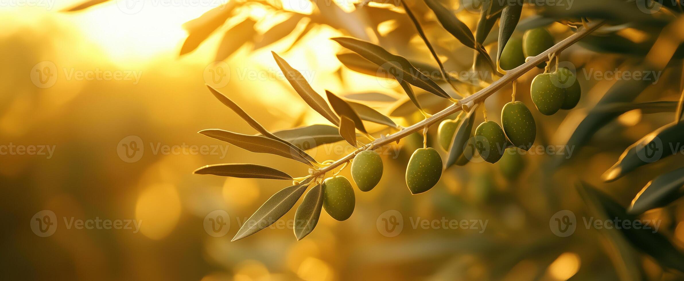 Ripe olives on the branch of an olive tree in the light of the setting sun photo