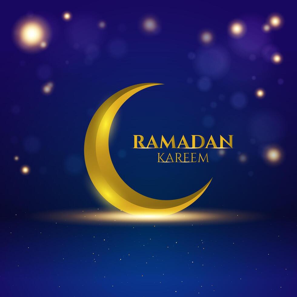 Islamic greeting card for Ramadan celebration with golden crescent moon and star on blue background. vector