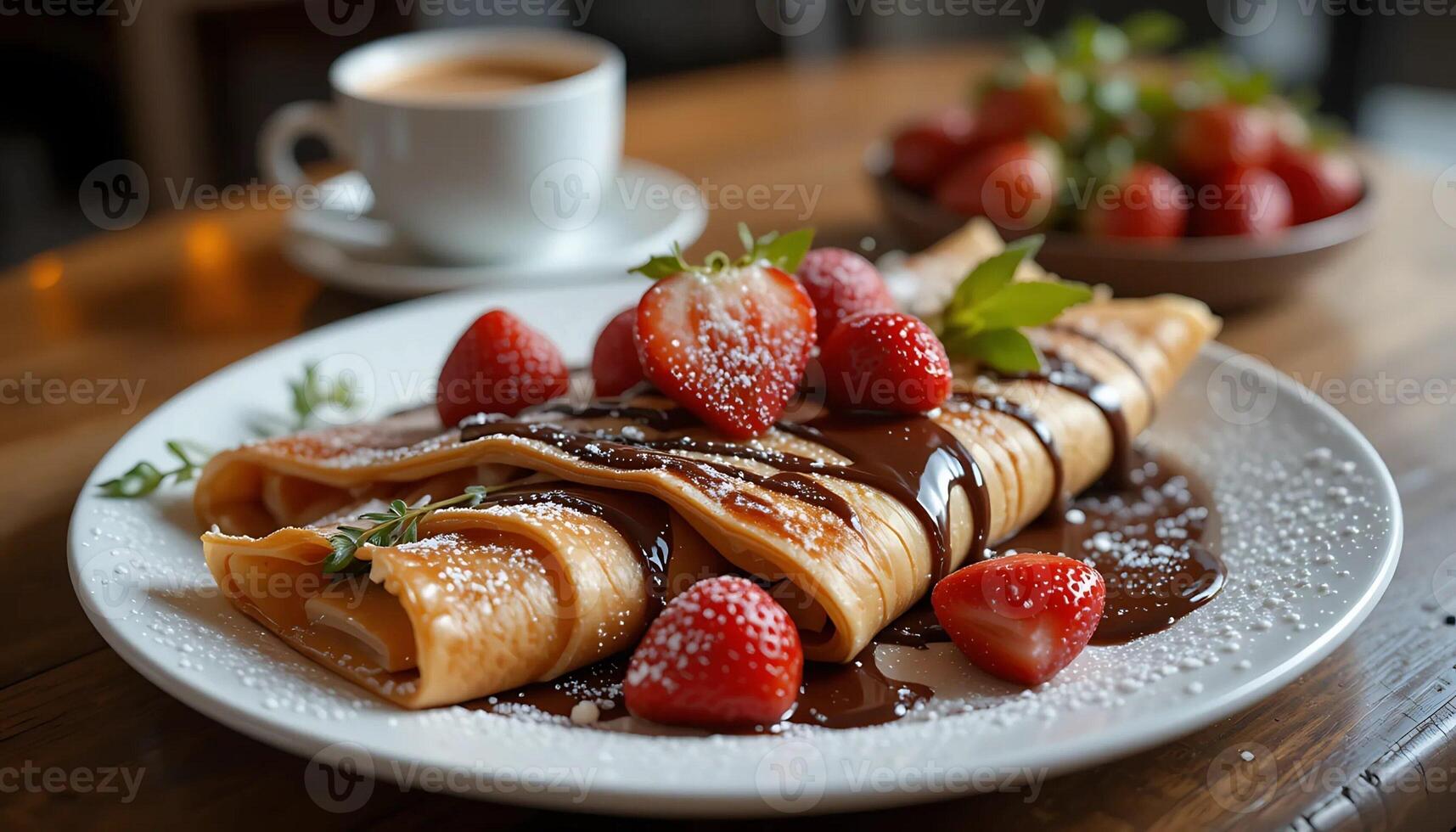 crepes with chocolate and strawberries and a cup of coffee photo