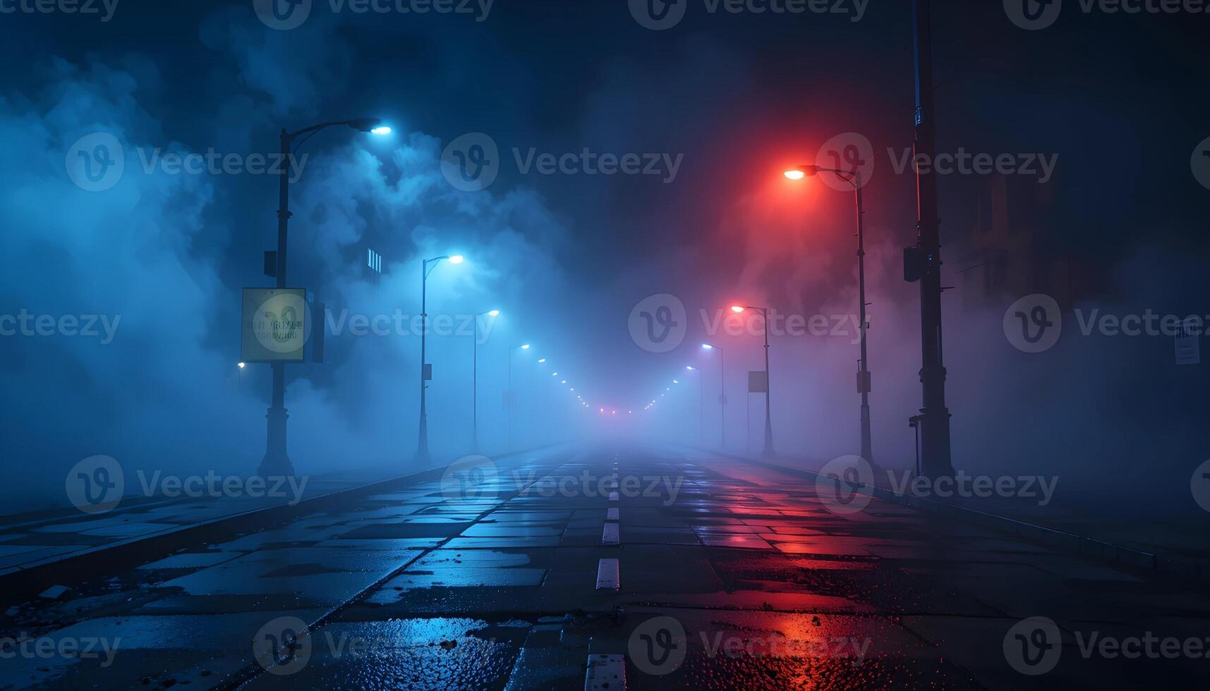 An abstract scene of a dark, empty street at night photo