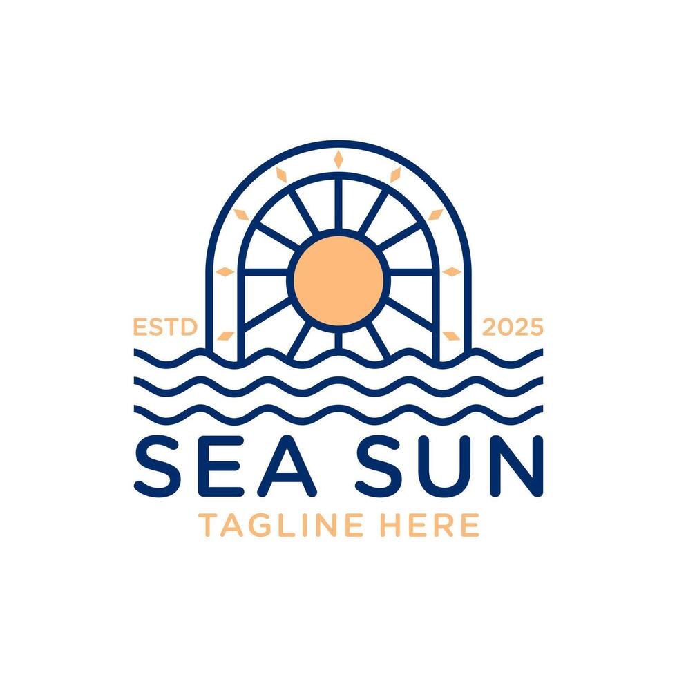 sunset beach outline illustration logo vector
