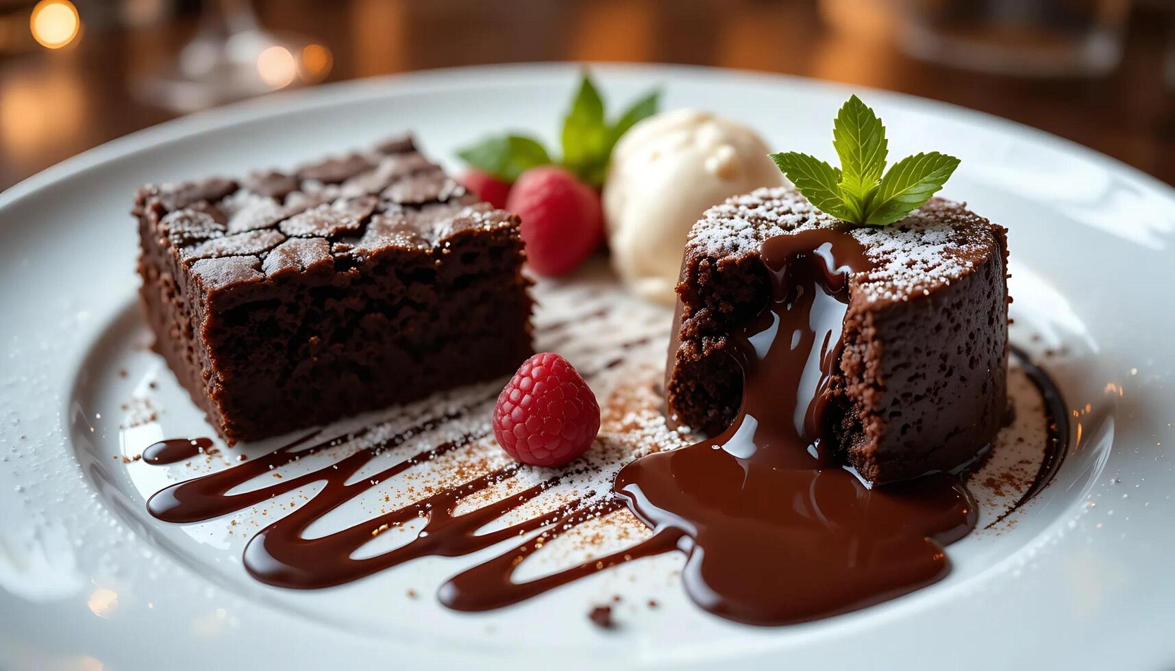 A plate of chocolate lava cake chocolate brownie cake and a scoop of ice cream photo
