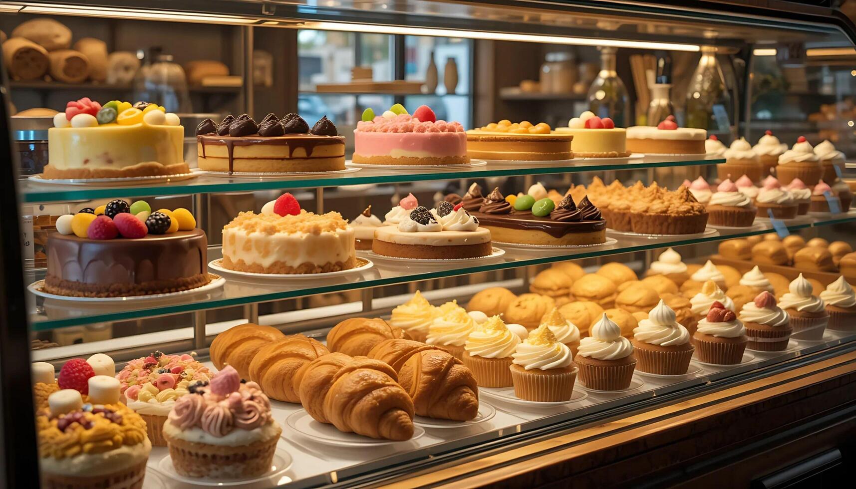 A display window case with bread, desserts, cupcakes and pastries at bakery shop photo