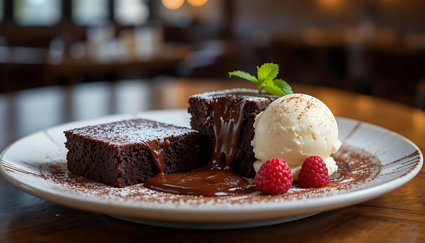 chocolate brownie with vanilla ice cream served on a white plate photo
