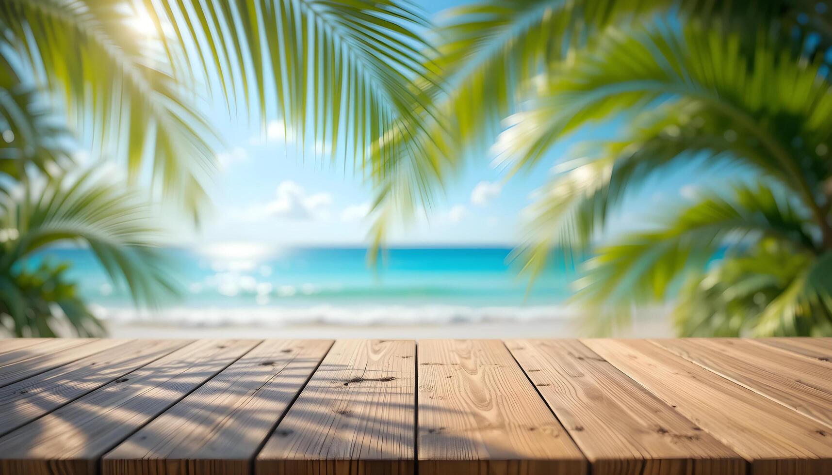 free space and summer beach landscape with palm trees and wooden table photo