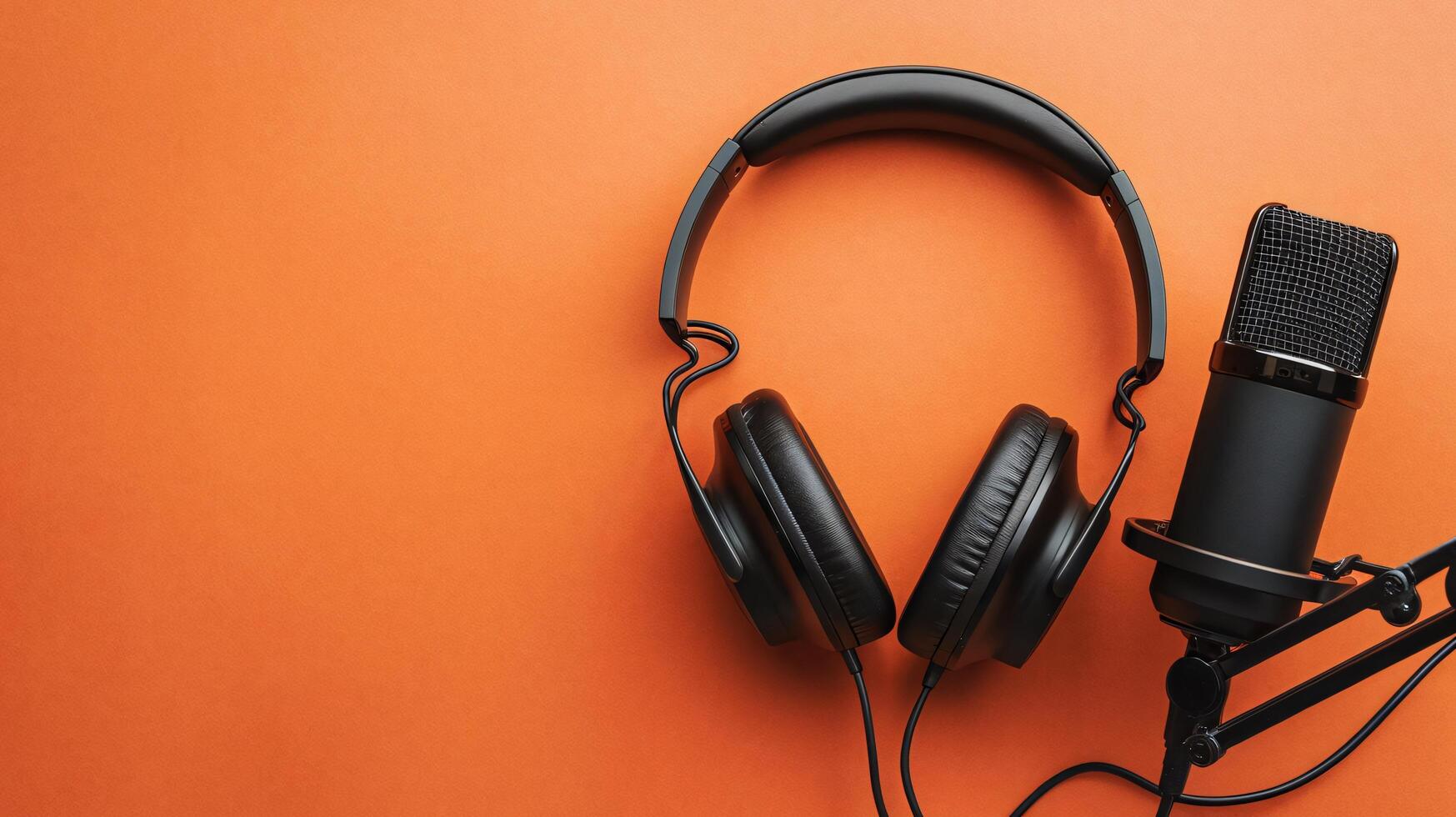 black headphones microphone studio quality orange background photorealistic diagonal soft focus photo