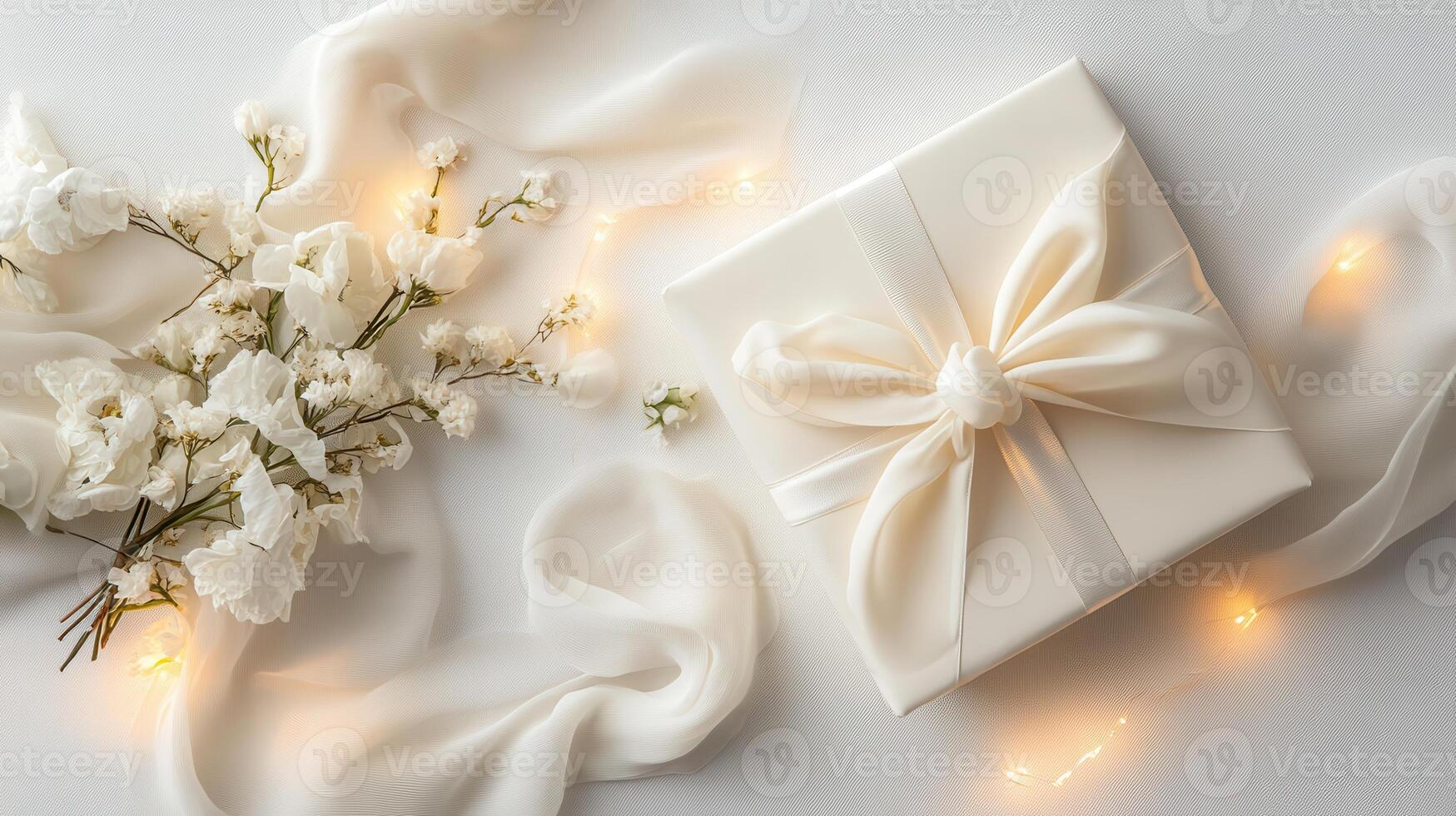 A beautifully wrapped gift with a bow, surrounded by delicate flowers and soft fabric, creating an elegant and serene atmosphere. photo