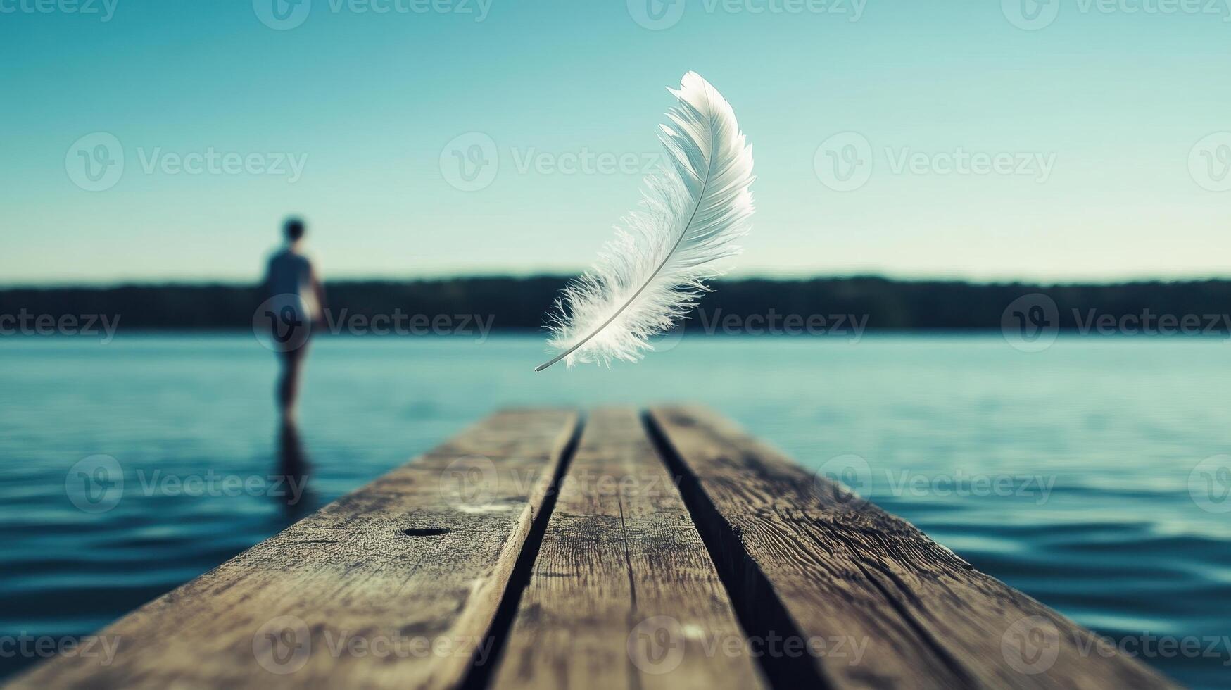 A serene lakeside scene featuring a wooden dock and a feather floating above the water, with a person standing in the distance. photo