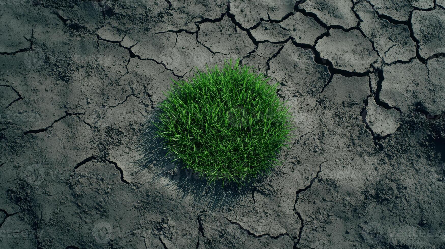 Economic Inequality Concept. A small patch of vibrant green grass grows in the center of cracked, dry earth, symbolizing resilience and hope in a harsh environment. photo