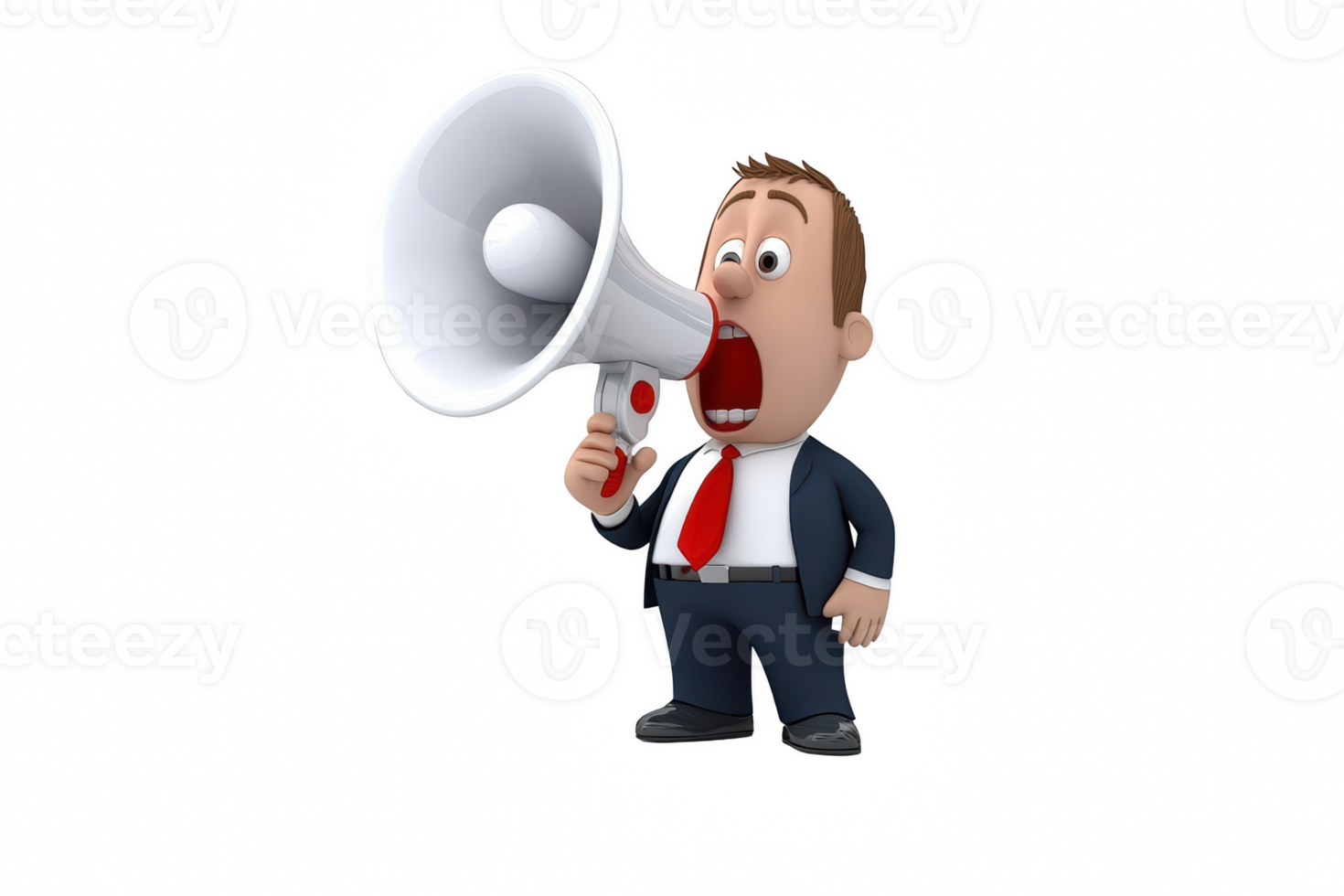 A cartoon businessman shouting into megaphone, expressing enthusiasm and urgency png